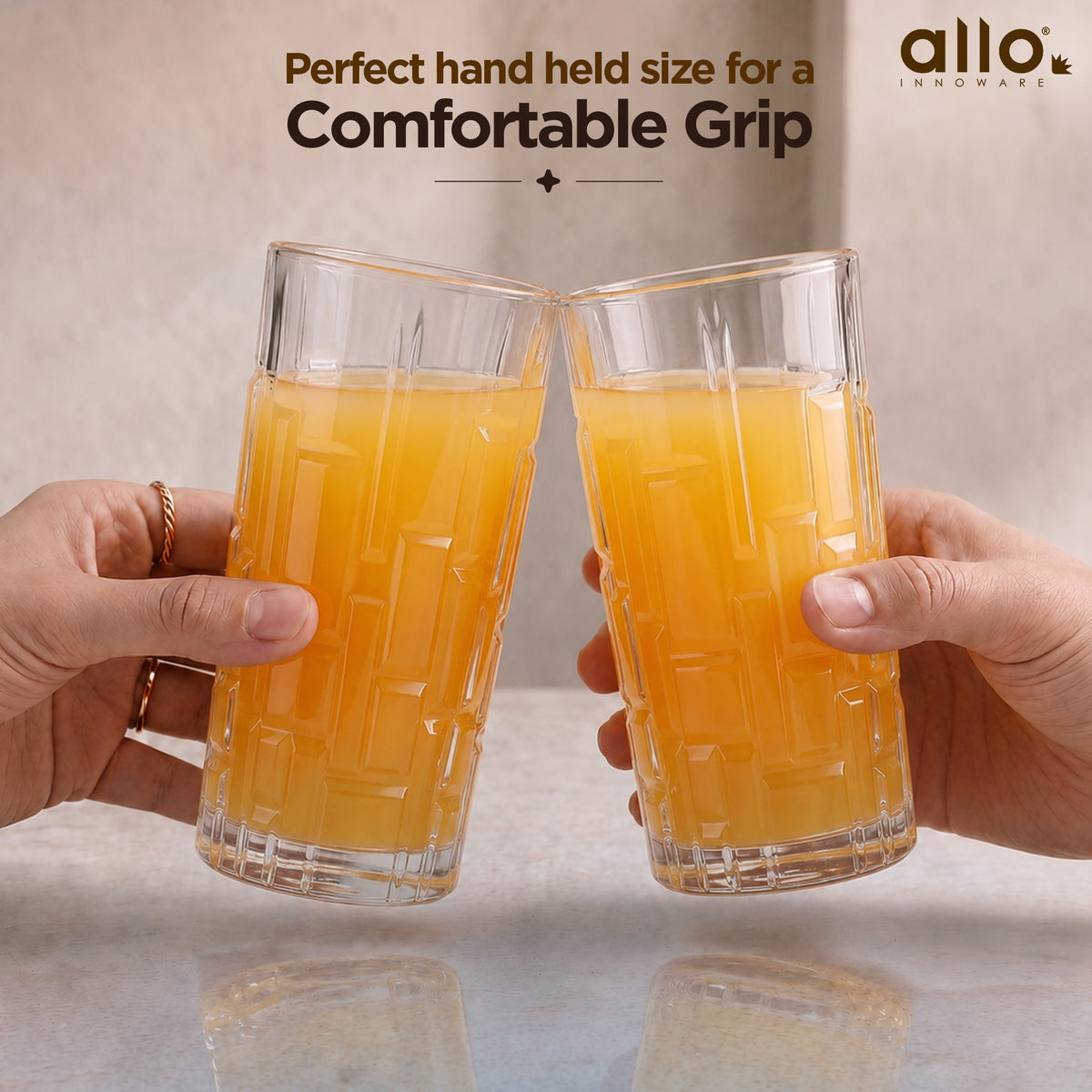 Allo Premium Glass Set Of 6, 280 ml, Latest Design Glasses For Water, Juice, Whisky, Cold Drink | Lead Free | Perfect For Home & Parties, Gift Set Packaging | Transparent Textured Block Glass