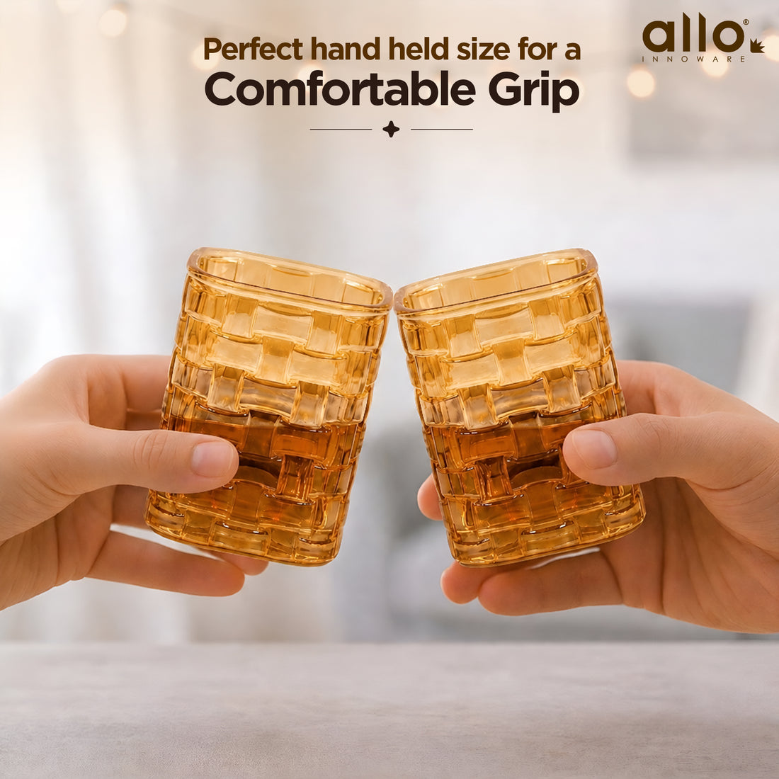 Allo Premium Glass Set Of 6, 200 ml, Latest Design Glasses For Water, Juice, Whisky, Cold Drink | Perfect For Home, Restaurants & Parties, Gift Set Packaging | Golden Basket Weave Glass