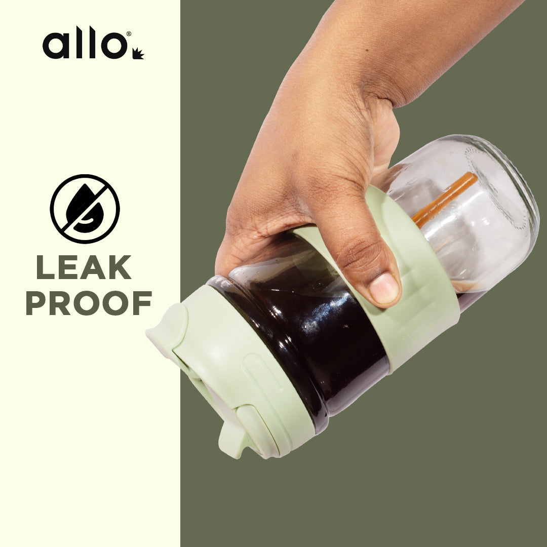 Allo Reusable Glass Mug Sipper Tumbler with Straw, Unique 2 in 1 Anti Spill Lid | Microwave Safe Leakproof Glass with Anti-Slip Grip for Hot & Cold Coffee|| Car, Office, Travel use | 500ml (Green)