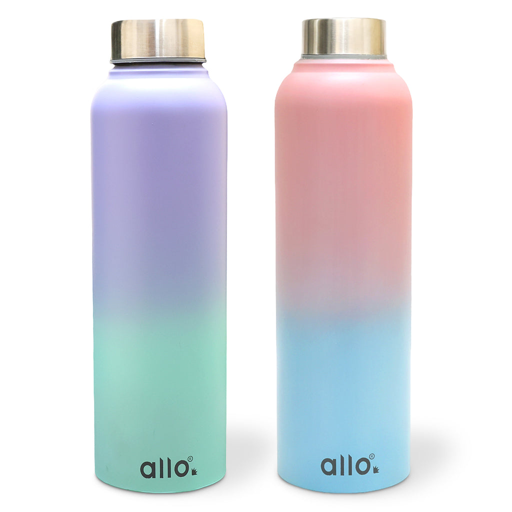 Allo Stainless Steel Water Bottle For Adults, Kids 1 Litre Water Bottles For School, Office, Sports, Gym 1L Water Bottle For Men And Women, Pack Of 2 | Leak Proof, Bpa Free, Pink & Baby Blue Steel Cap