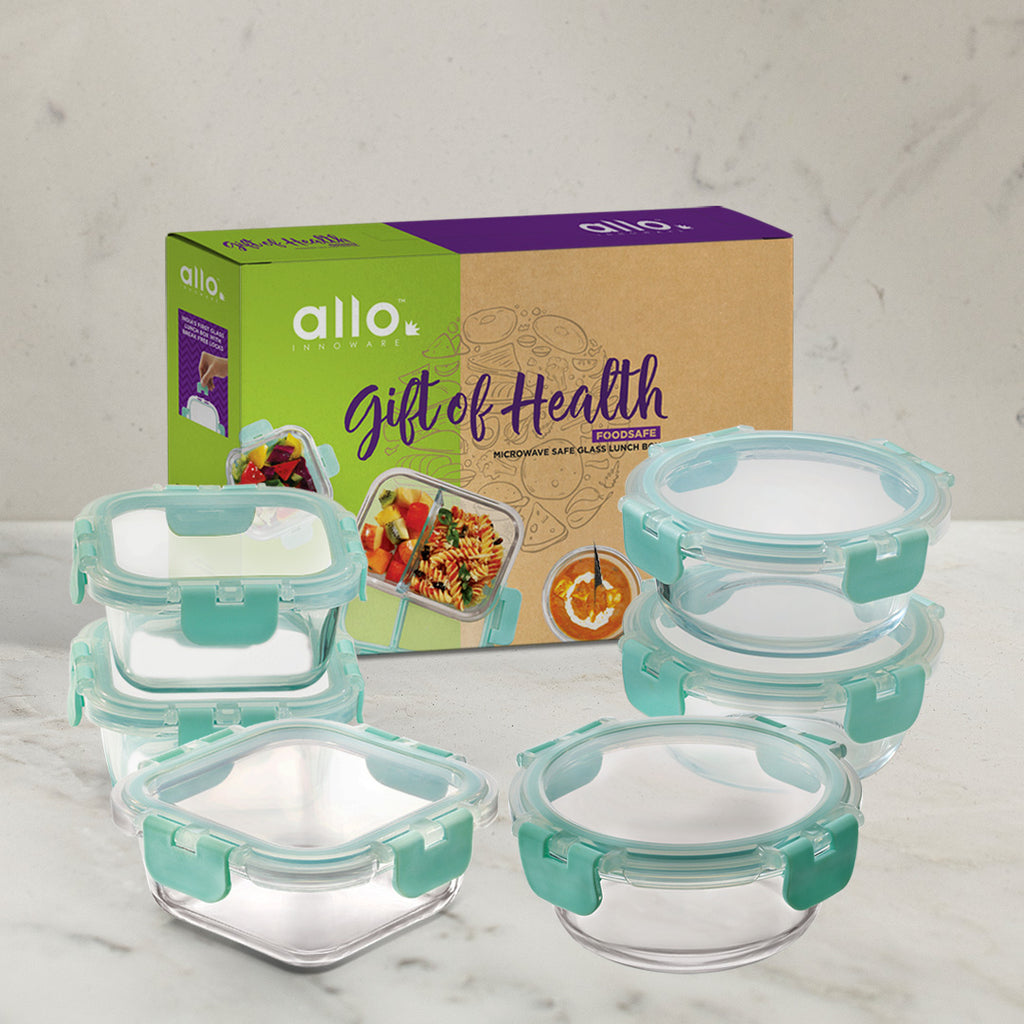 310ml x 3, 390ml x 3, Allo FoodSafe Microwave Oven Safe Glass Container Gift Box Combo 6pc with Break Free Detachable Lock