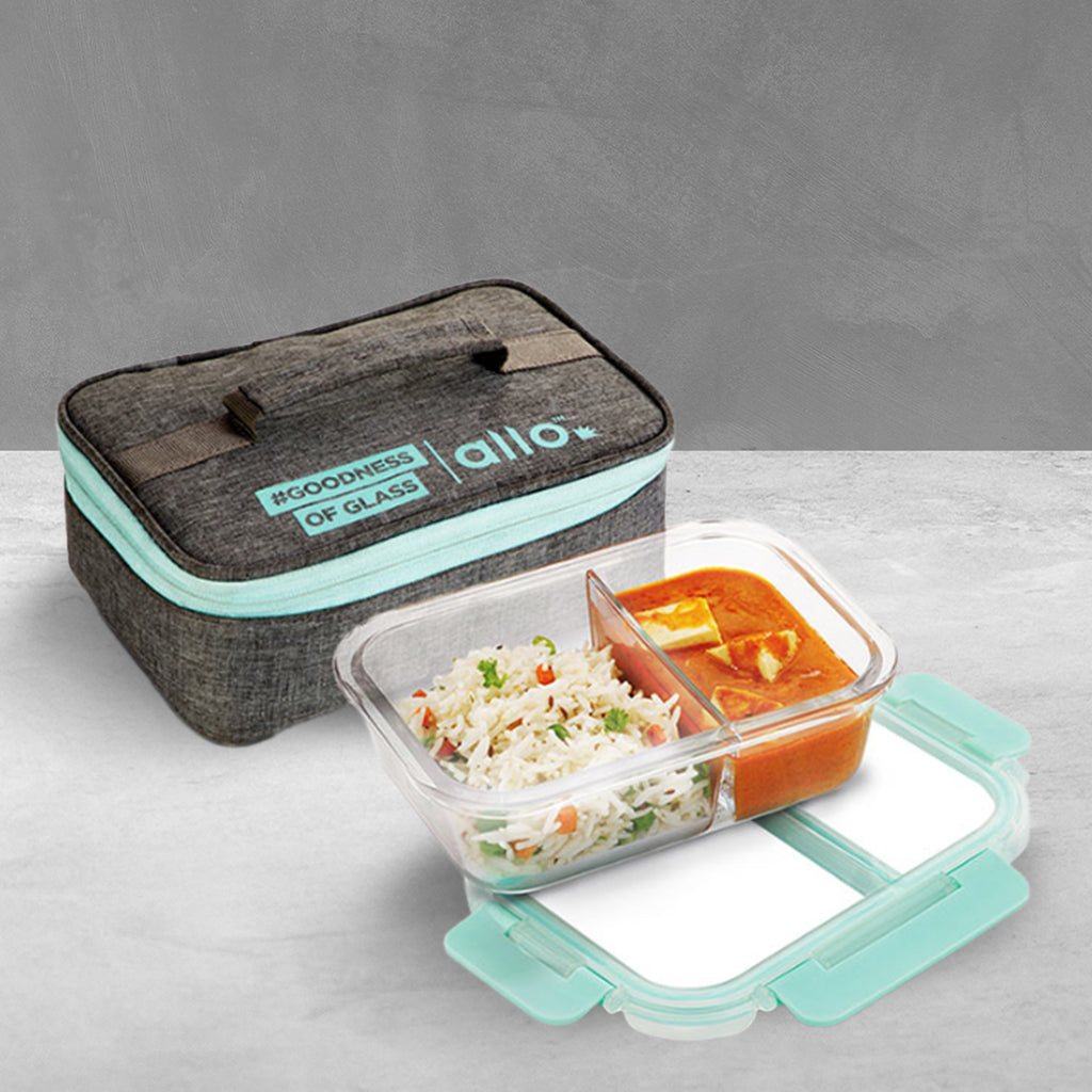 1000ml Allo FoodSafe Microwave Oven Safe Glass Lunch box with Break Free Detachable Lock with Canvas Grey Bag Tiffin