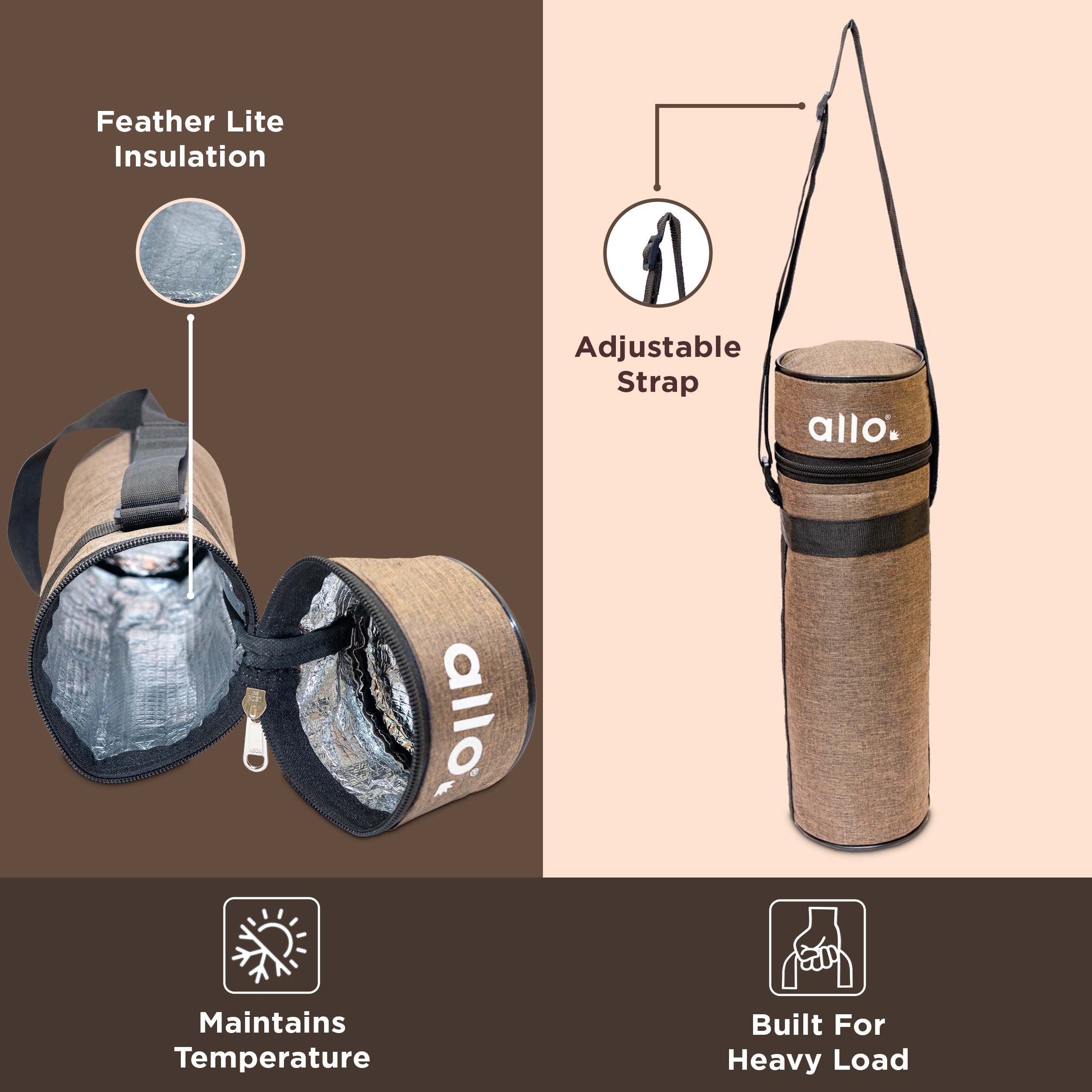 Allo Polyester Thermal Insulated 1L Bottle Cover – Water-Proof Modern Carrier Sleeve with Adjustable Shoulder Handle & Zipper Closure for Travel, Hiking, Office & School, Brown