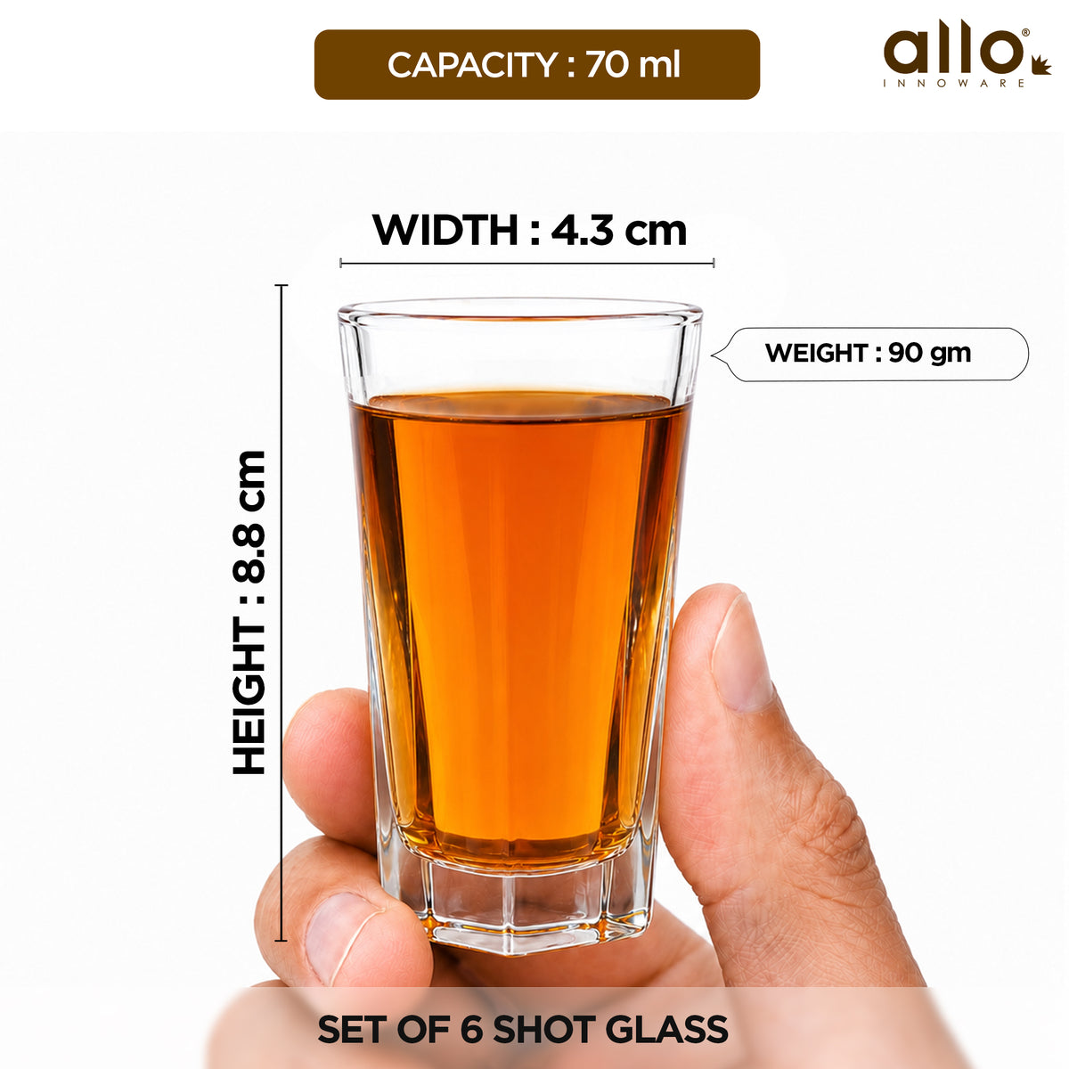 Allo Shot Glasses Set Of 6, 70 ml, Small Glass For Vodka, Tequila, Liquor, Wine, Party, Bar | Gift Set Packaging | Transparent | Square Base Shot Glass