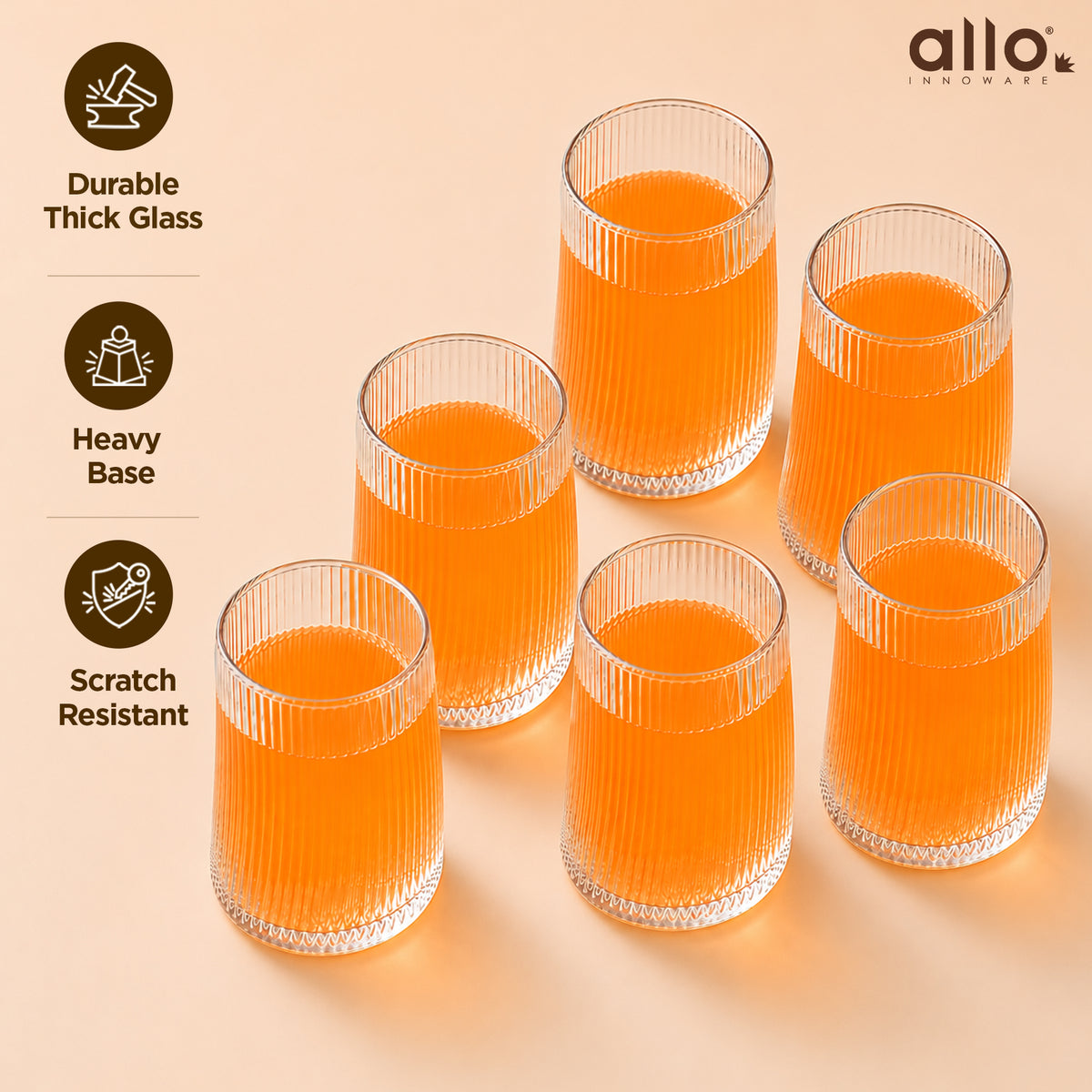 Allo Premium Glass Set Of 6, 425 ml, Latest Design Glasses For Water, Juice, Whisky, Cold Drink | Lead Free | Perfect For Home & Parties, Gift Set Packaging | Transparent Curved Rib Glass