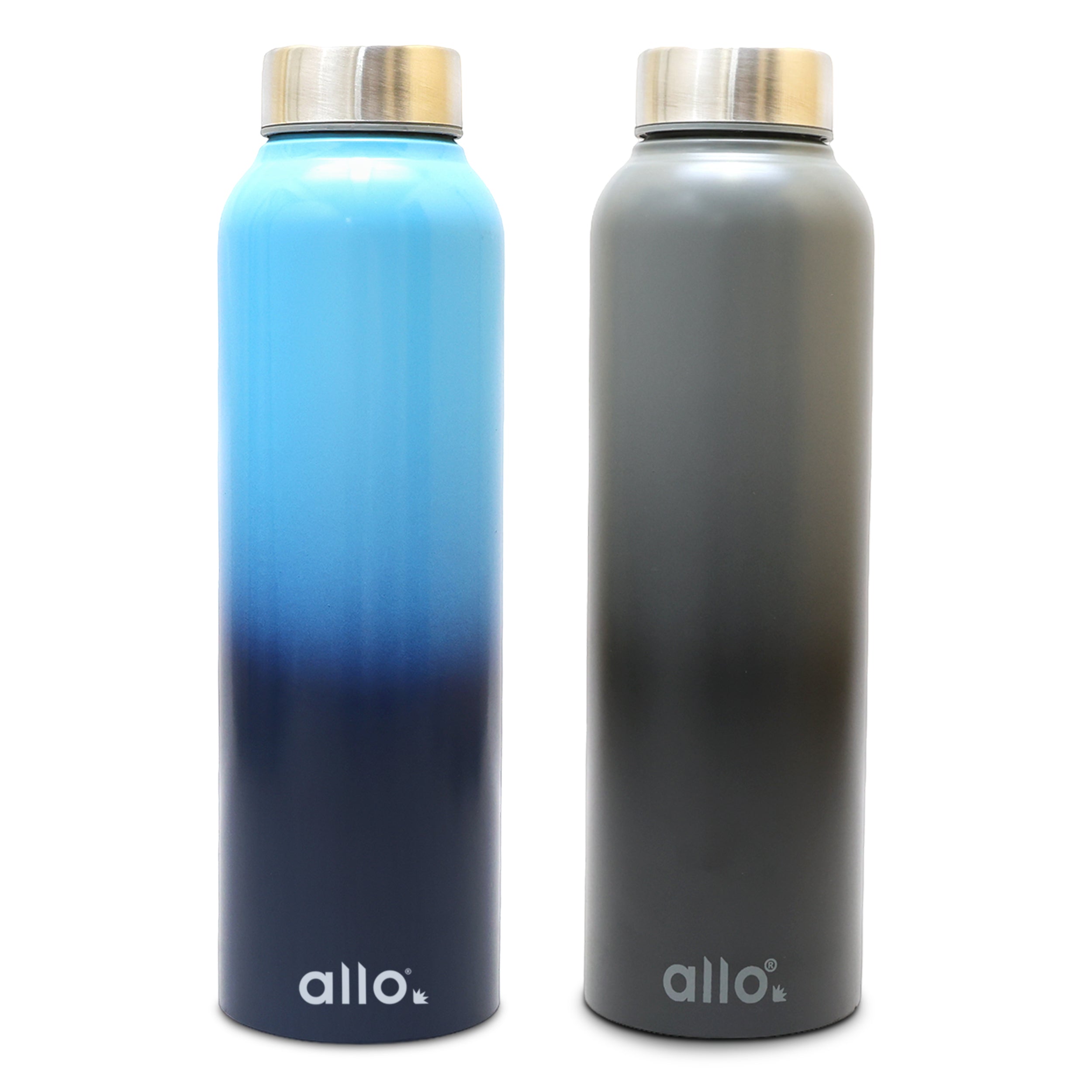 Allo Stainless Steel Water Bottle For Adults, Kids 0.95 Litre Water Bottles For School, Office, Sports, Gym 950ML Water Bottle For Men And Women, Pack Of 2| Leak Proof, Bpa Free, Light Blue & Dark Grey