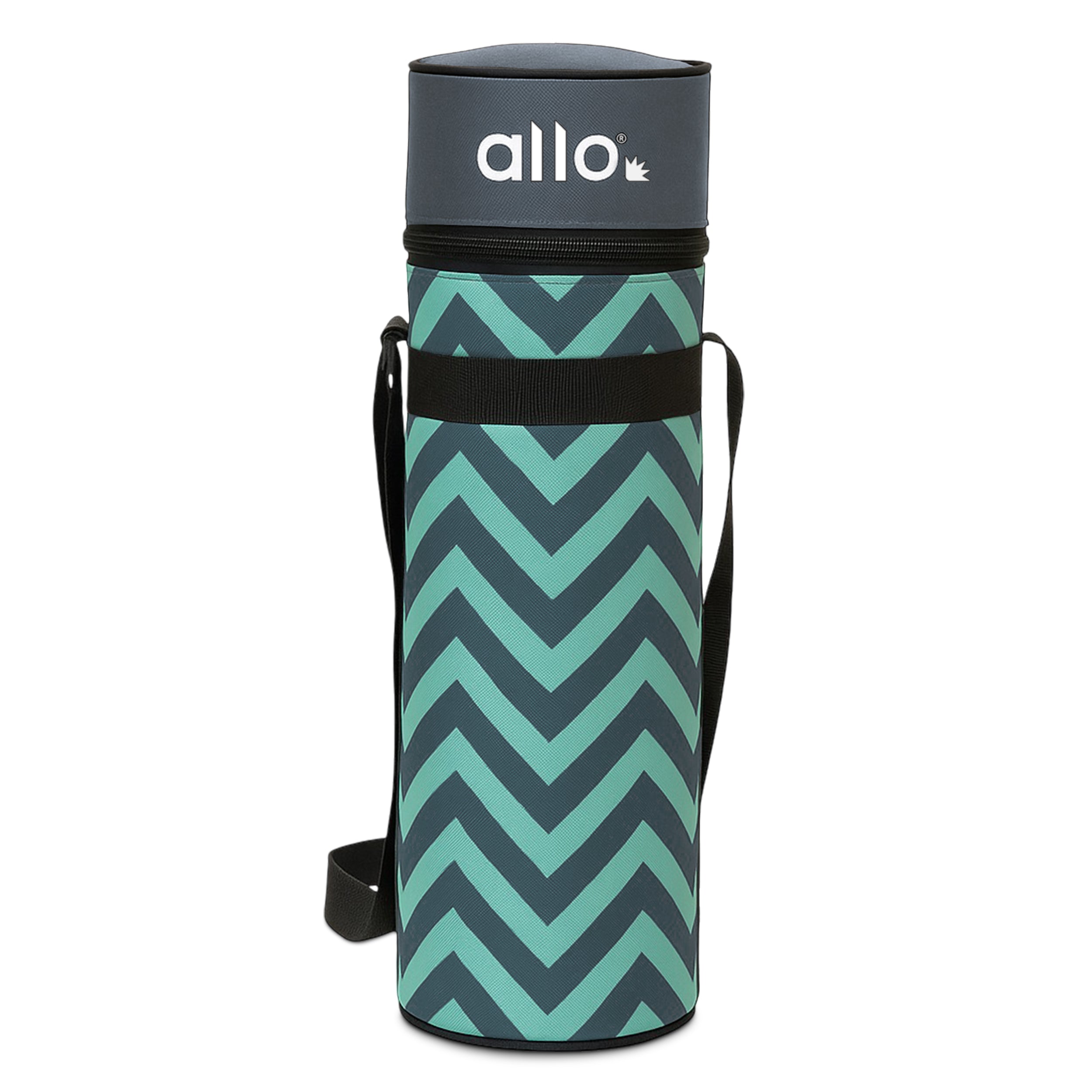 Allo Polyester Thermal Insulated 1L Bottle Cover – Water-Proof Modern Carrier Sleeve with Adjustable Shoulder Handle & Zipper Closure for Travel, Hiking, Office & School, Chevron Mint