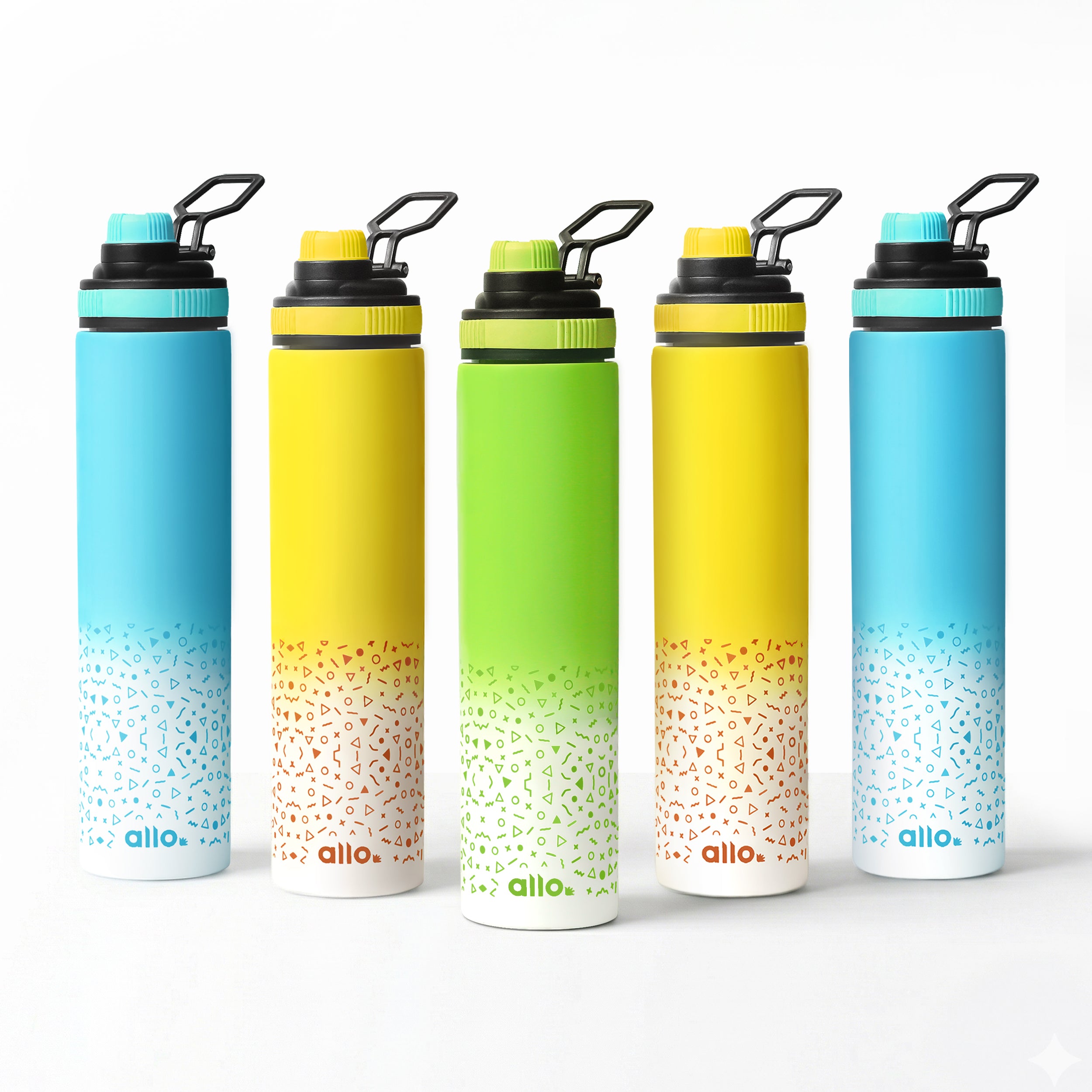 Allo Stainless Steel Sipper Water Bottle for adults,kids 1 Litre Water Bottles for School,Office,Sports,Gym 1L Water Bottle for Men & women,Pack Of 5-Green Whitex1, Blue Whitex2 & Yellow Whitex2 850ml