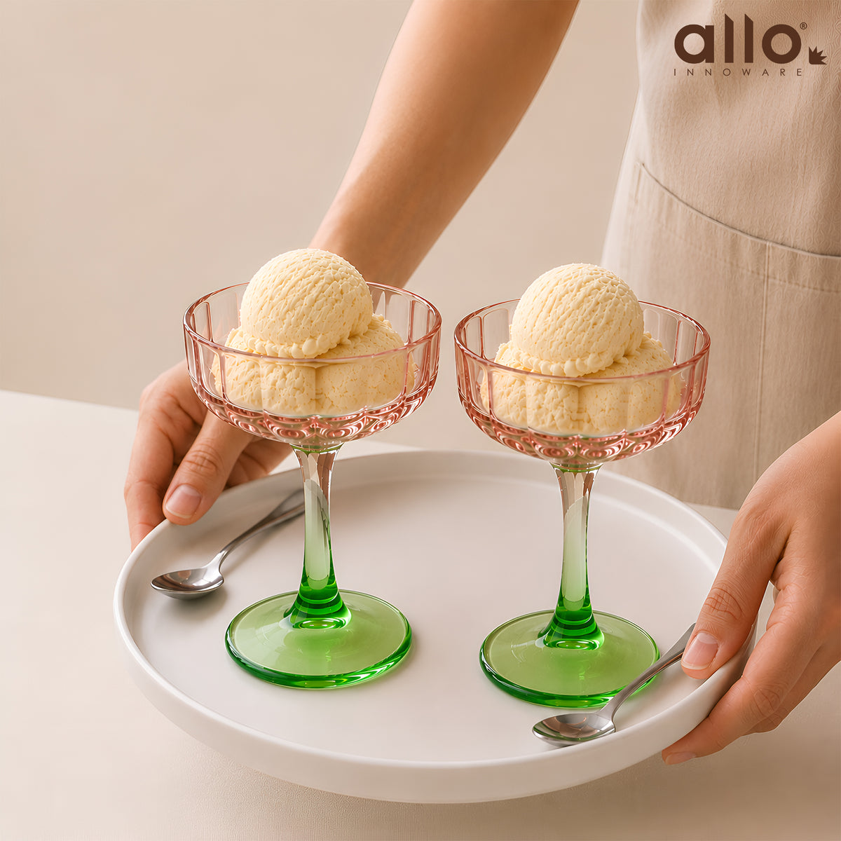 Allo Glass Ice Cream Bowl Set Of 6, 225 ml, Dessert Glasses For Icecream, Pudding, Candy, Snacks, Dates, Dry Fruit | Cups For Gifting And Serving, Gift Set Packaging | Floral Pink and Green Glass Bowl