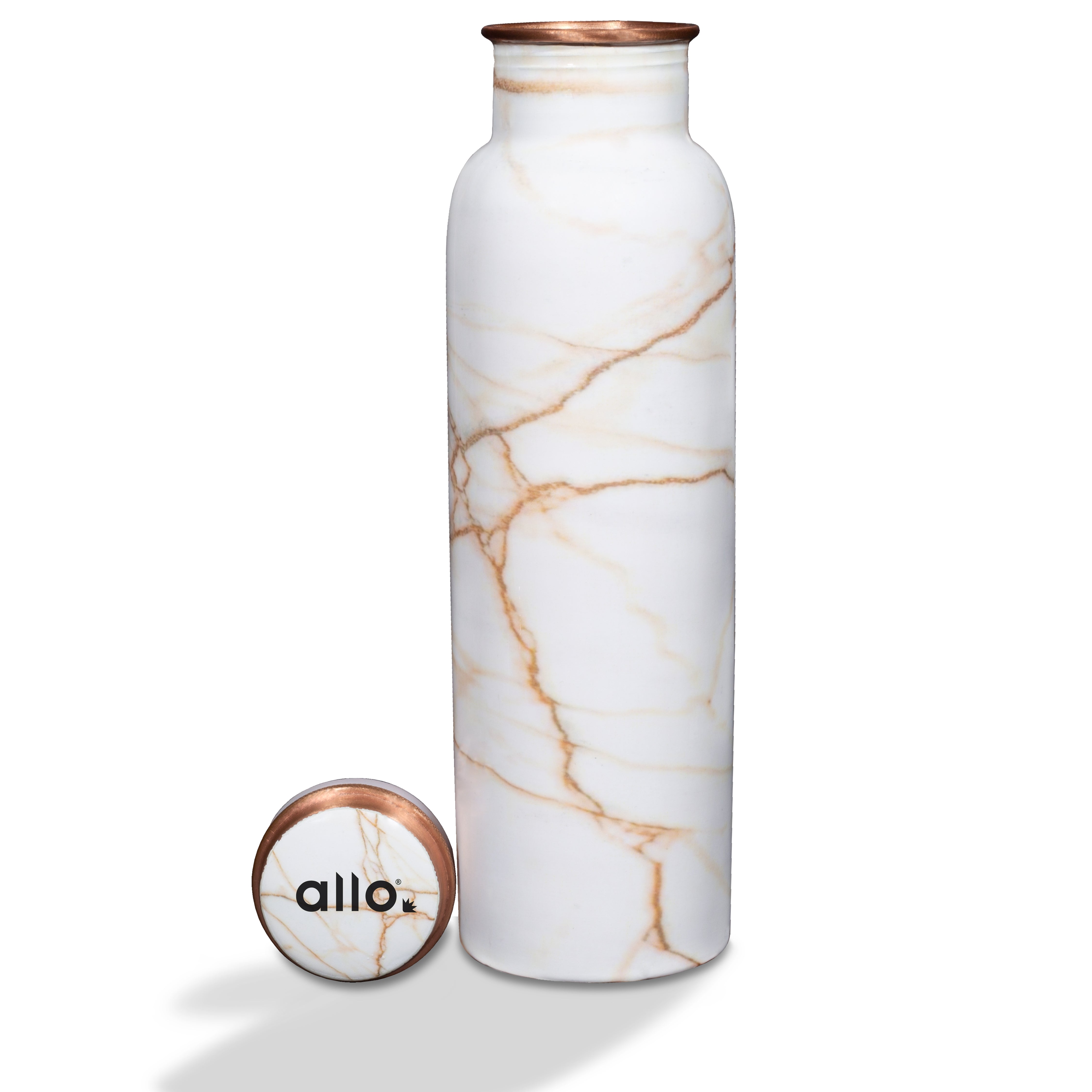 Allo Pure Copper Water Bottle 1 Litre Copper Bottle | Alkaline and Anti Oxidant | 100% Leak Proof, Office, Gym Bottle, Modern Tamba Bottle for Adults, Best Gift for Diwali (White Golden Marble)