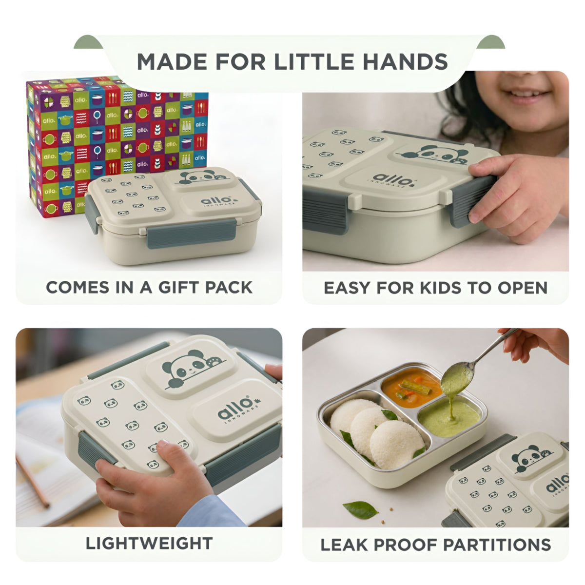 Allo Bento Stainless Steel Lunch Box for Kids- BIS Approved, 304 Stainless Steel 3 Compartment Leakproof Tiffin Box for Boys and Girls for School, Travelling, Baby Snacks, 740ml Green Panda