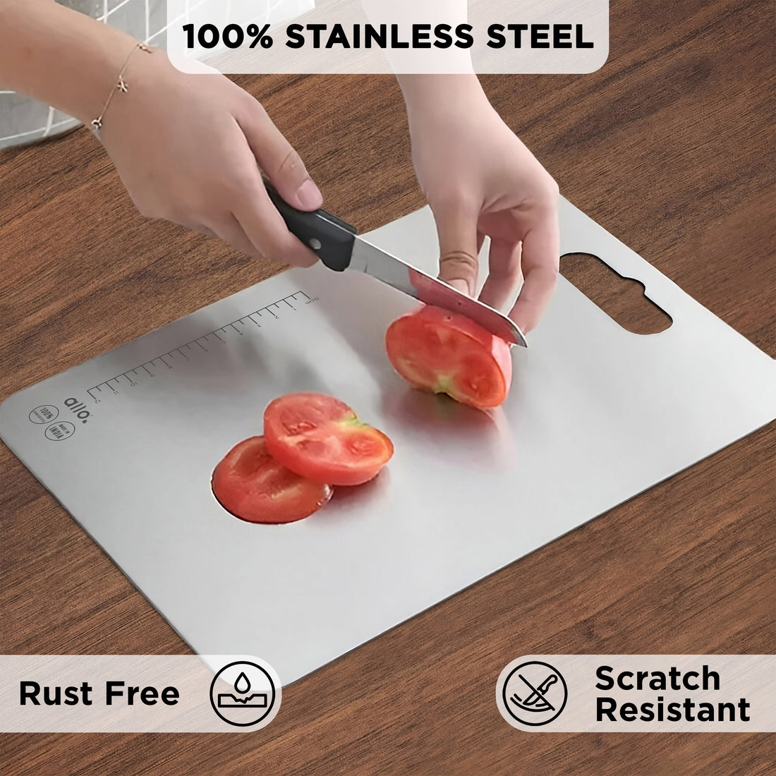 Allo Premium Stainless Steel Chopping Board with Handle (31 x 20.5cm) – Large Heavy-Duty Metal Cutting Board for Kitchen, Knife Friendly | Vegetable & Fruit Cutter Pad