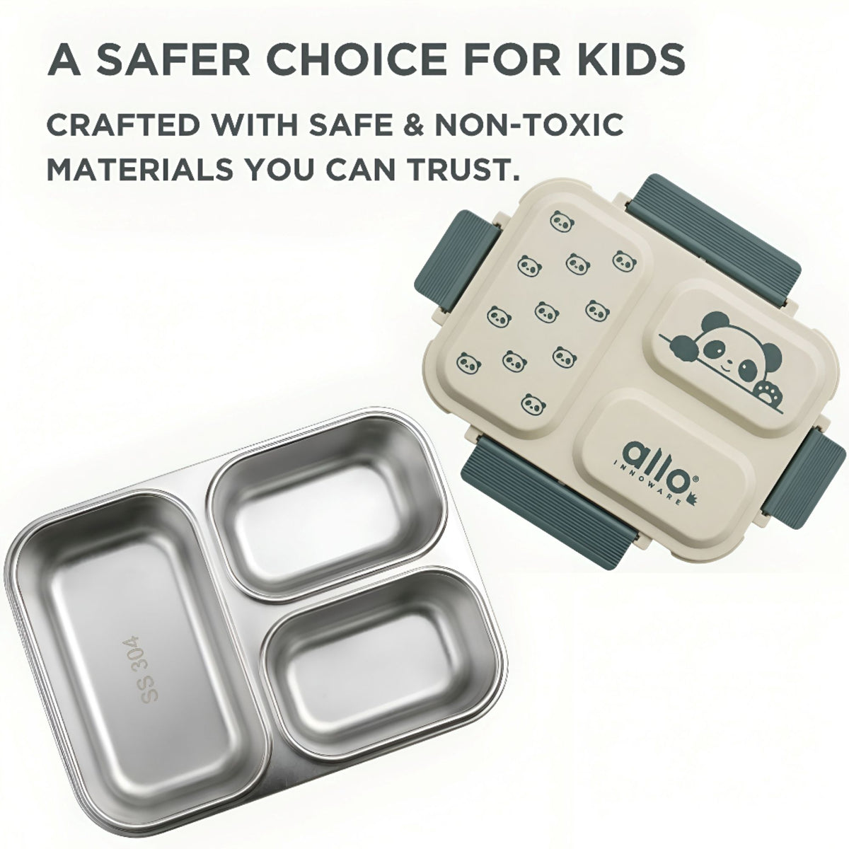 Allo Bento Stainless Steel Lunch Box for Kids- BIS Approved, 304 Stainless Steel 3 Compartment Leakproof Tiffin Box for Boys and Girls for School, Travelling, Baby Snacks, 740ml Green Panda