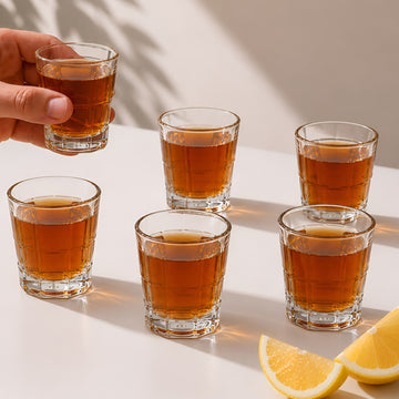 Allo Shot Glasses Set Of 6, 60 ml, Small Glass For Vodka, Tequila, Liquor, Wine, Party, Bar | Gift Set Packaging | Transparent | Square Grid Shot Glass