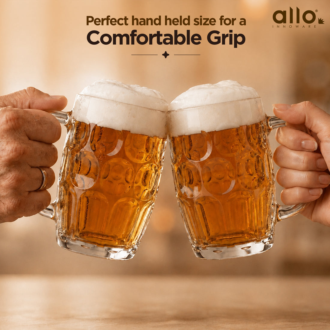 Allo Beer Mug And Drinking Glass Mugs, Set Of 2, 600 ml Each, Serves Beer, Juice, Mocktail, Alcohol, Cocktail, Drinking Glass With Handle | Gift Set Packaging | Transparent Bubble Glass