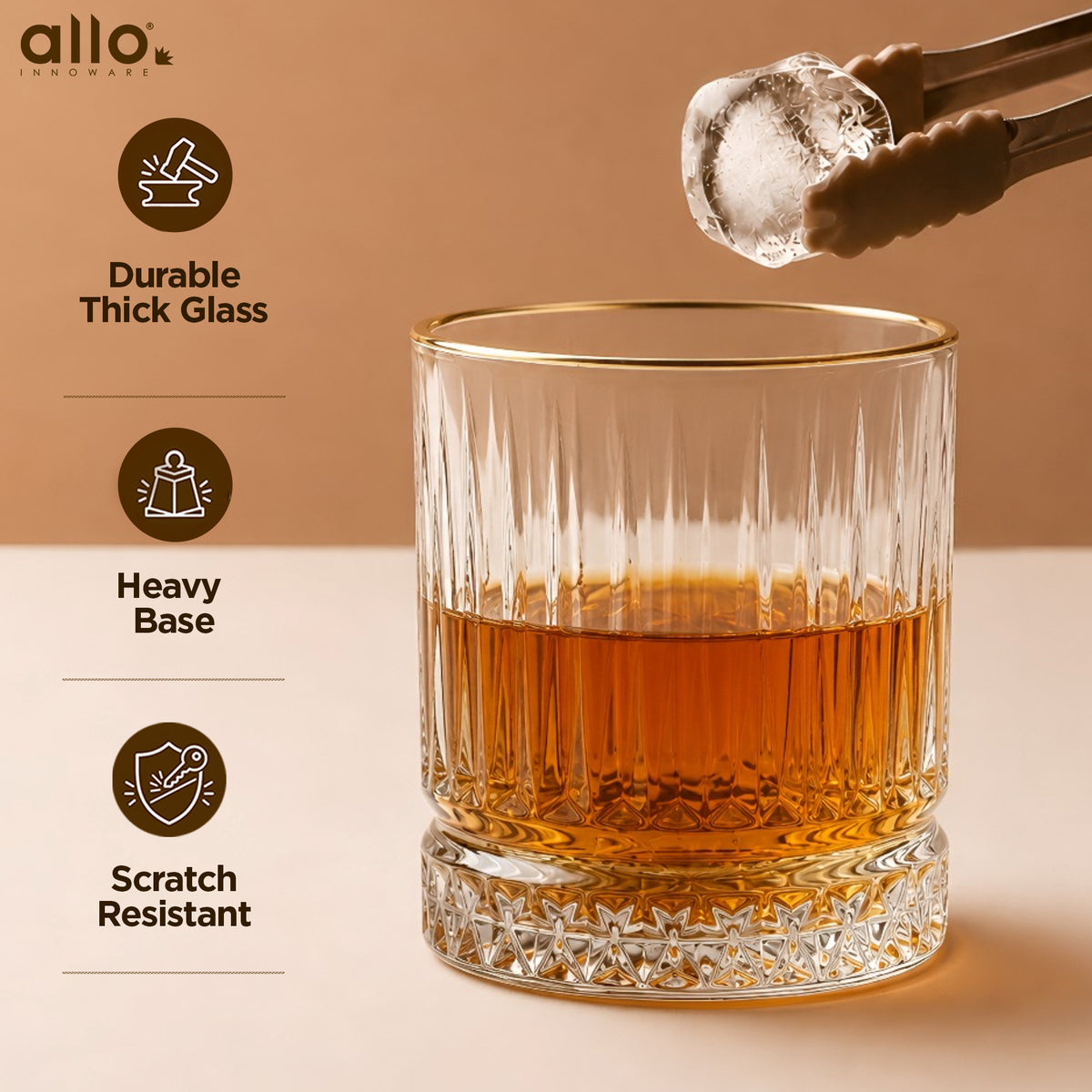 Allo Glass Set Of 6 Premium Whisky Glasses, 350 ml, For Drinking Water, Wine, Cocktail, Mocktail, Martini, Liquor, Alcohol, Scotch, Bourbon | Gift Set Packaging | Transparent | Golden Rim Fluted Glass