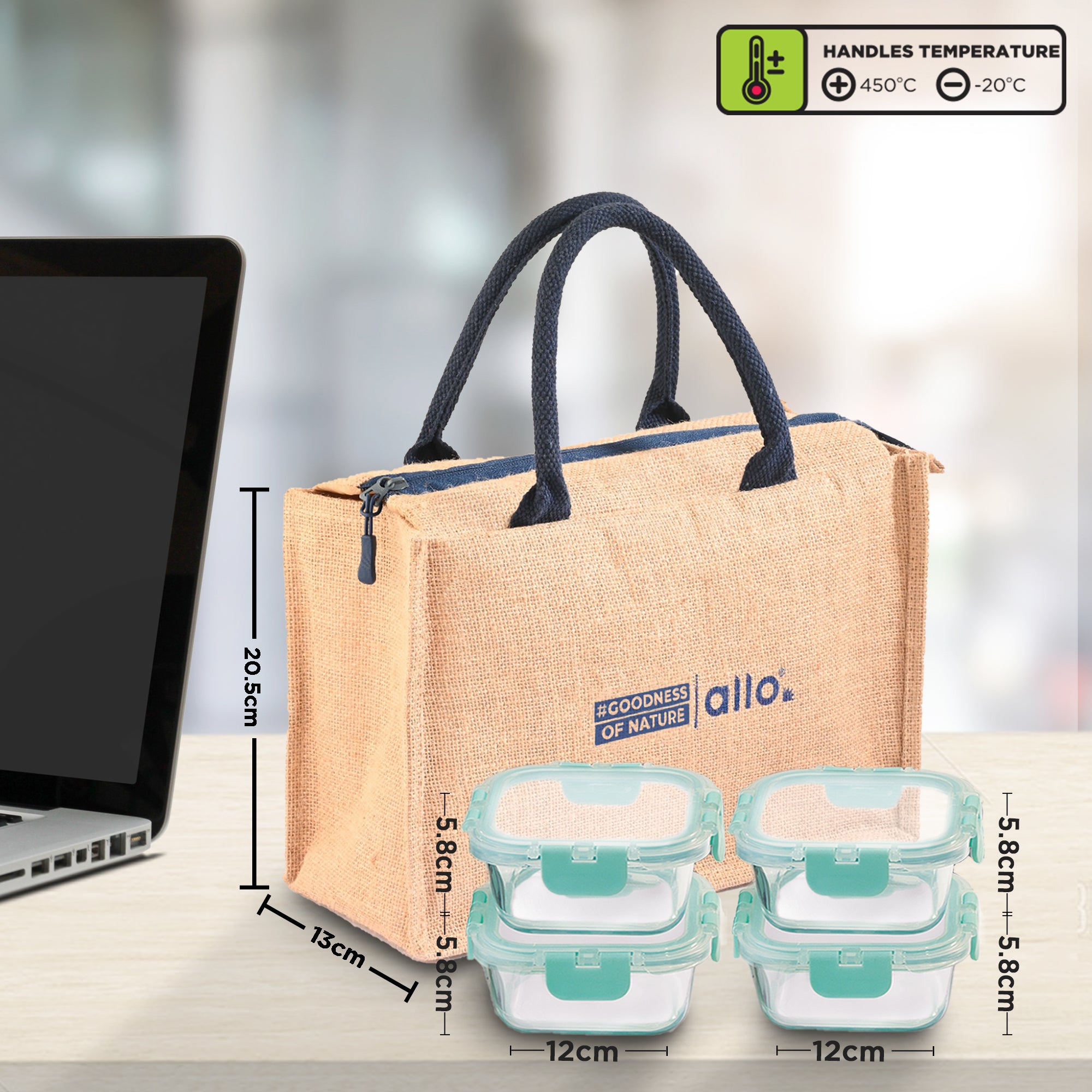 Allo Food Safe Glass Lunch Box with Break Free Detachable Lock, 450°C Microwave Safe Lunch Box, Borosilicate Glass Tiffin for office with Jute Tiffin Bag, Set of 4, 310ml x 4, Square