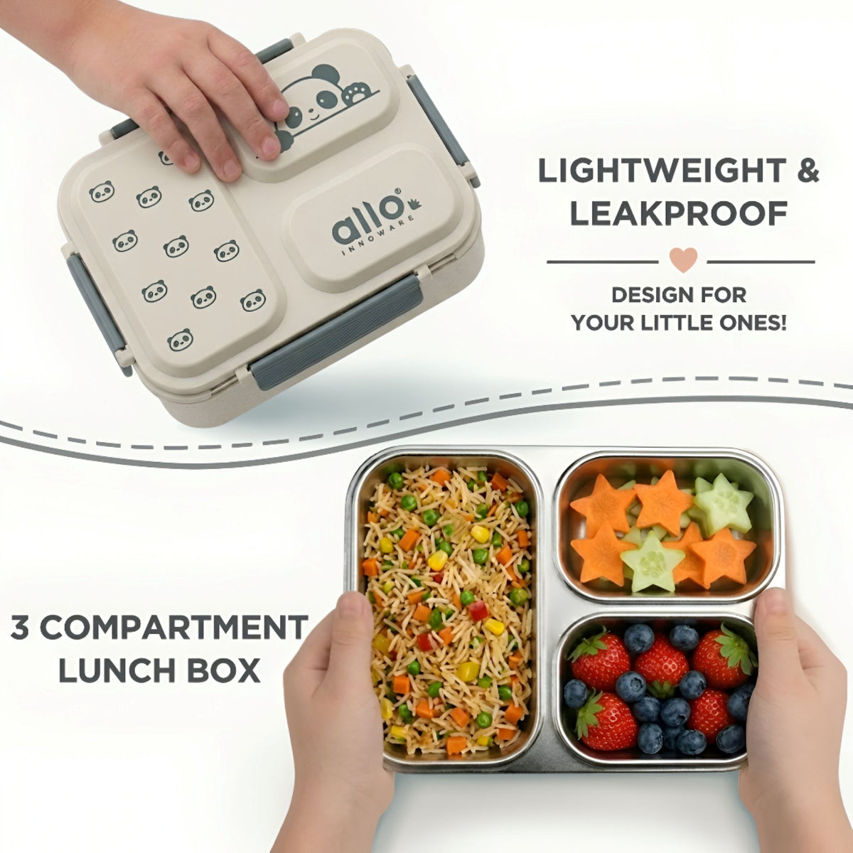 Allo Bento Stainless Steel Lunch Box for Kids- BIS Approved, 304 Stainless Steel 3 Compartment Leakproof Tiffin Box for Boys and Girls for School, Travelling, Baby Snacks, 740ml Green Panda