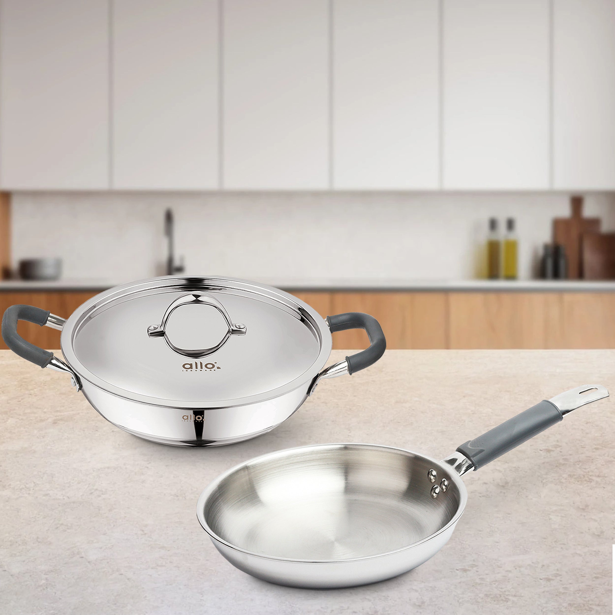 Allo Stainless Steel Triply Cookware Set | Kadai with Lid (20 Cm/1.5 L)+ Fry Pan (20 Cm/1 L) | Perfect Cooking Combo for Curry/Stir-Fry/Deep-Fry/DryVeg/Sauta Induction Friendly Set of 3Pcs | Nonstick