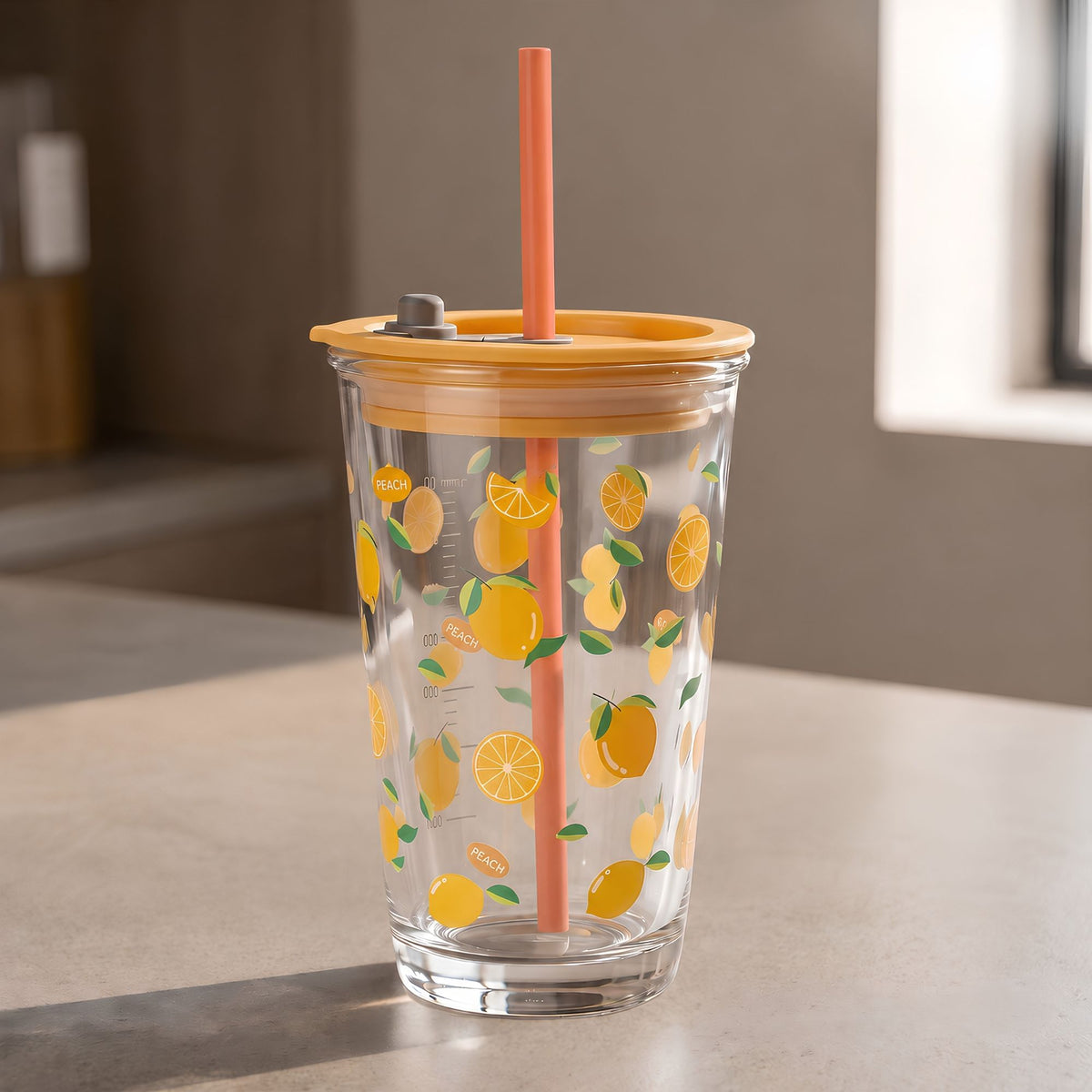 Allo Reusable Glass Mug Sipper Tumbler with Straw, Unique 2 in 1 ANTI Spill Lid | Microwave Safe Leakproof Glass with Anti-Slip Grip for Hot & Cold Coffee| Car, Office, Travel use | 450ml (Orange)