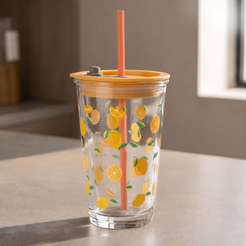 Allo Reusable Glass Mug Sipper Tumbler with Straw, Unique 2 in 1 ANTI Spill Lid | Microwave Safe Leakproof Glass with Anti-Slip Grip for Hot & Cold Coffee| Car, Office, Travel use | 450ml (Orange)