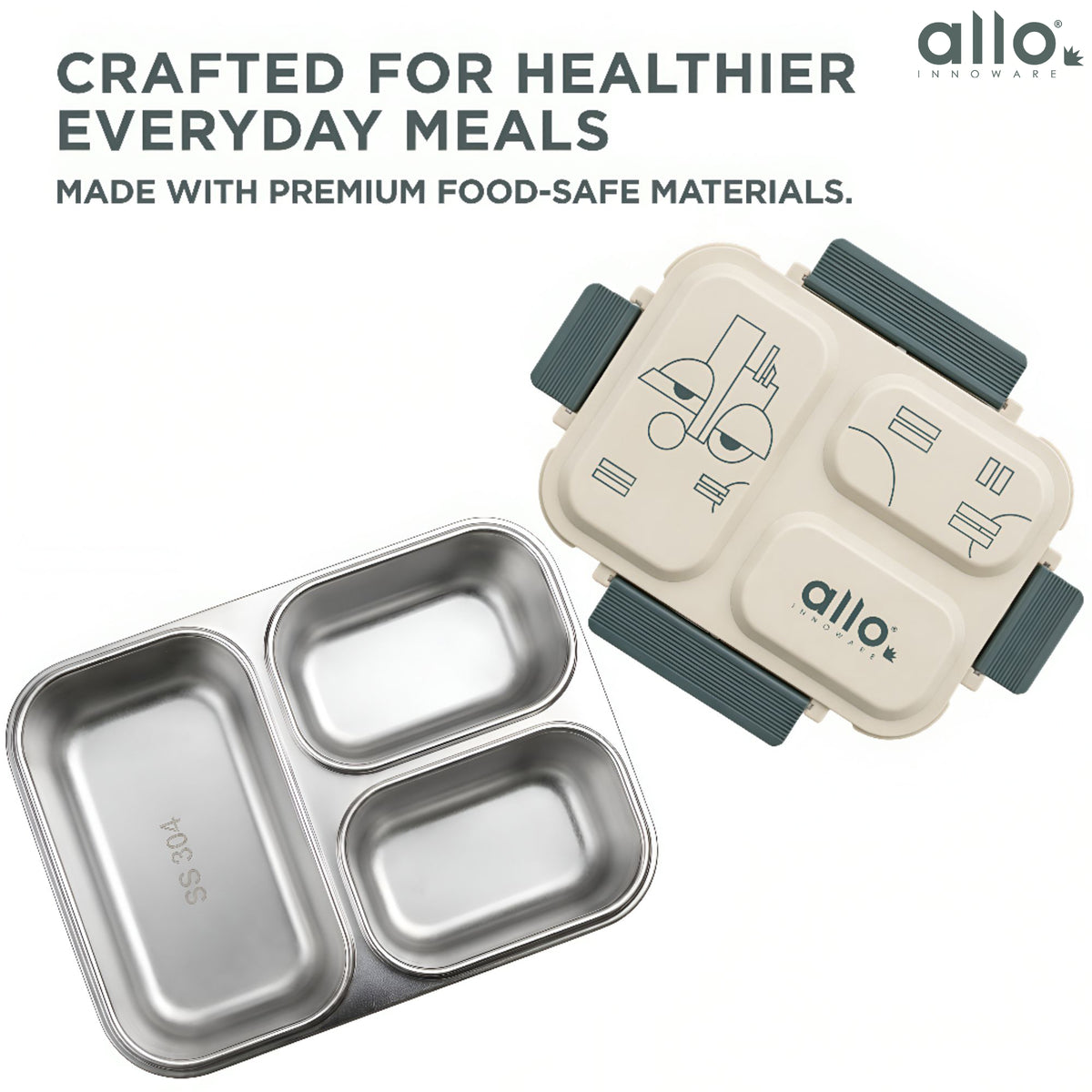 Allo Bento Stainless Steel Lunch Box for Kids- BIS Approved, 304 Stainless Steel 3 Compartment Leakproof Tiffin Box for Boys and Girls for School, Travelling, Baby Snacks, 740ml Green Cool Eyes