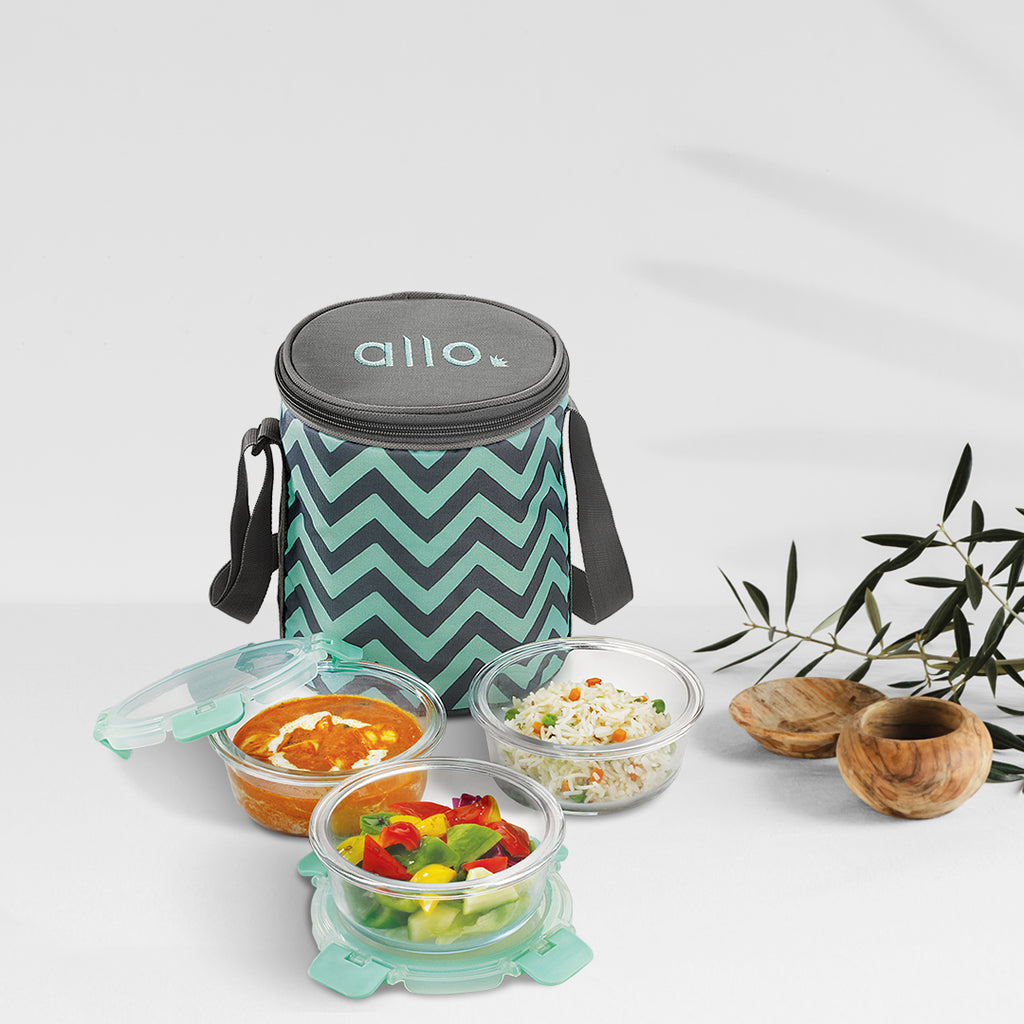 390ml x 3 Allo FoodSafe Microwave Oven Safe Glass Lunch box with Break Free Detachable Lock with Chevron Mint Bag Tiffin