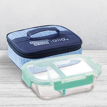 Allo FoodSafe 580ml x 1 Glass Microwave 450°C Oven Safe Lunch Box with Break Free Detachable Lock | High Borosilicate | Office Tiffin with Space Blue Flat Bag | Rectangle Divider