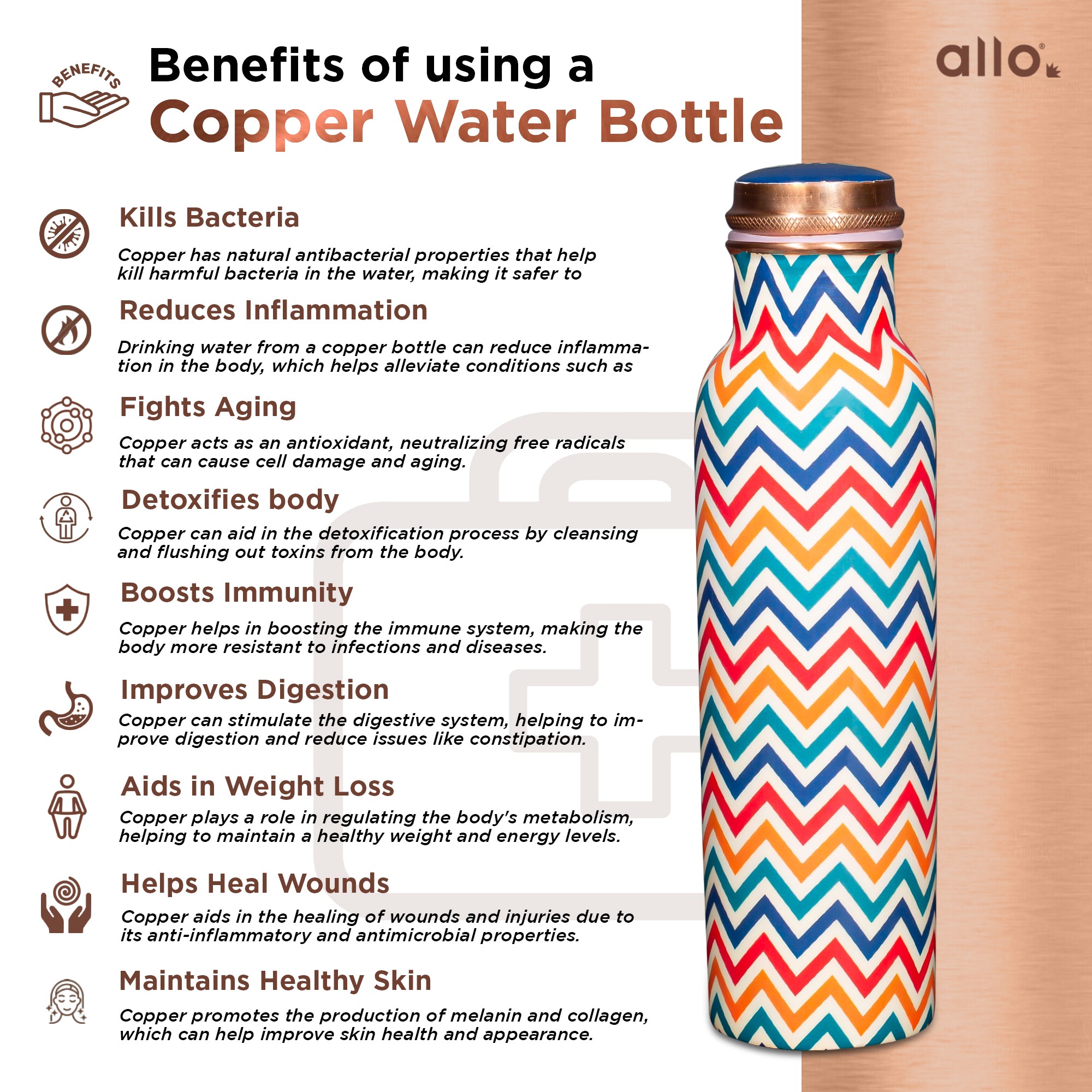 Allo Pure Copper Water Bottle 1 Litre Copper Bottle | Alkaline and Anti Oxidant | 100% Leak Proof, Office, Gym Bottle, Modern Tamba Bottle for Adults, Best Gift for Diwali (Chevron, MultiColor)