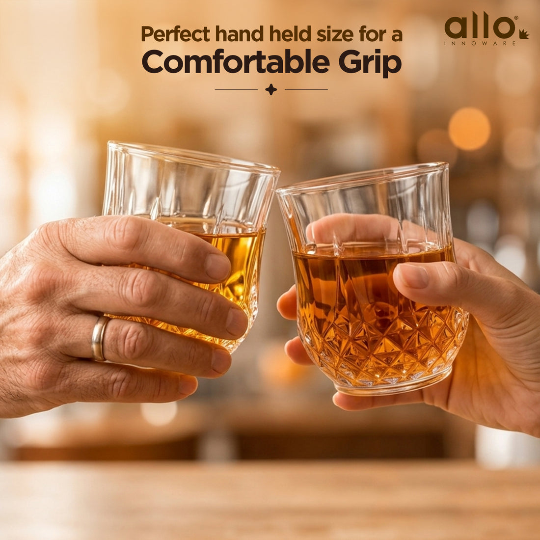 Allo Glass Set Of 6 Premium Whisky Glasses, 270 ml, For Drinking Water, Wine, Cocktail, Mocktail, Martini, Liquor, Alcohol, Scotch, Bourbon | Gift Set Packaging | Transparent Quilted Diamond Cut Glass