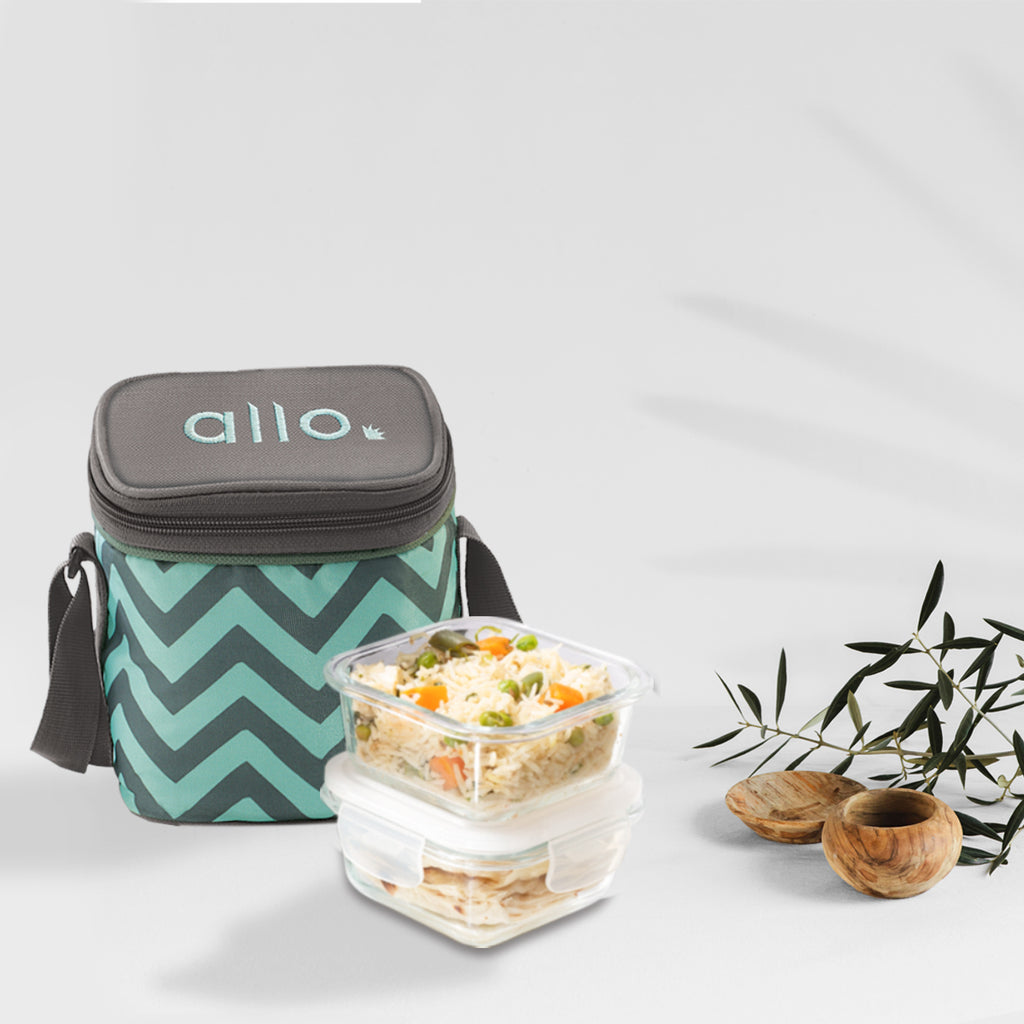 Allo Food Safe Glass Lunch Box, 450°C Microwave Safe Lunch Box, Borosilicate Glass Tiffin for office with Chevron Mint Tiffin Bag, Set of 2, 320ml x 2, square