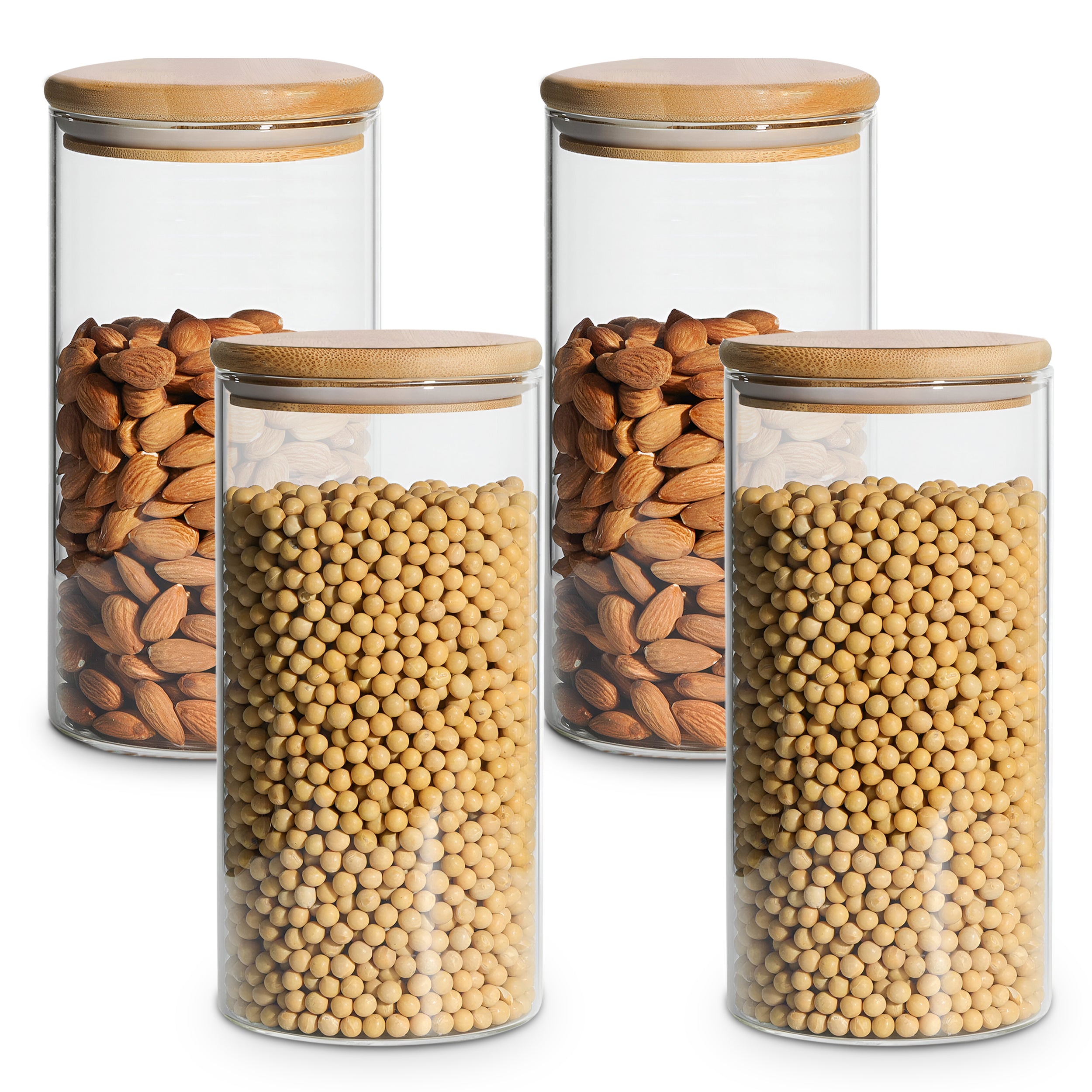 Allo 1000ML Kitchen Storage Box Glass Jars With Wooden Lids - Borosilicate Glass Food Storage Containers Airtight Glass Jar for Tea, Coffee, Spice, Pulses, Masala (Round Glass Jar - Set of 4)