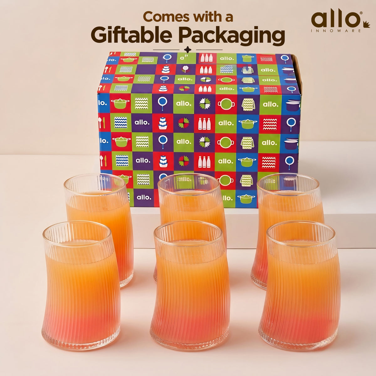 Allo Premium Glass Set Of 6, 425 ml, Latest Design Glasses For Water, Juice, Whisky, Cold Drink | Lead Free | Perfect For Home & Parties, Gift Set Packaging | Transparent Curved Rib Glass