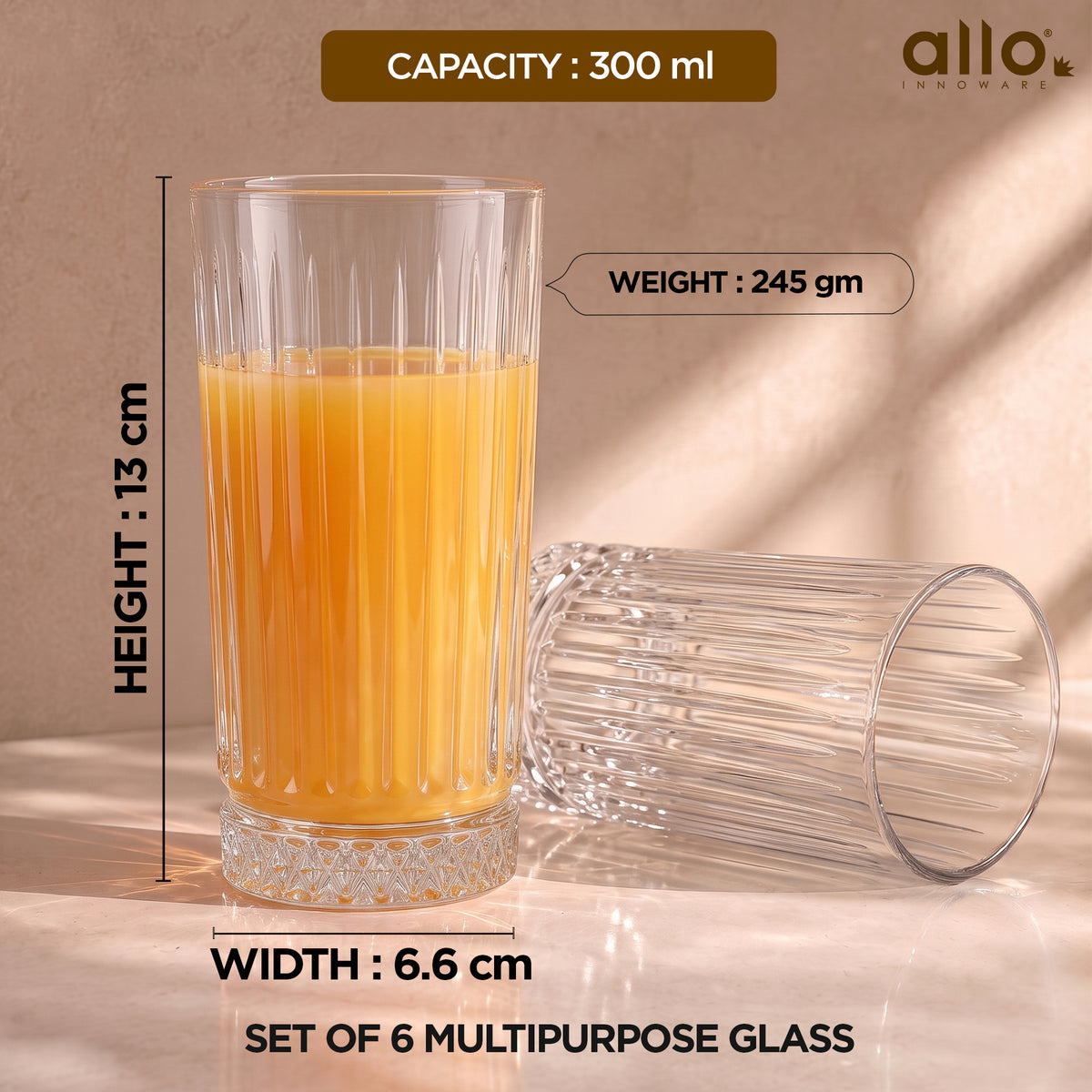 Allo Premium Glass Set Of 6, 300 ml, Latest Design Glasses For Water, Juice, Whisky, Cold Drink | Lead Free | Perfect For Home & Parties, Gift Set Packaging | Transparent Diamond Base Glass