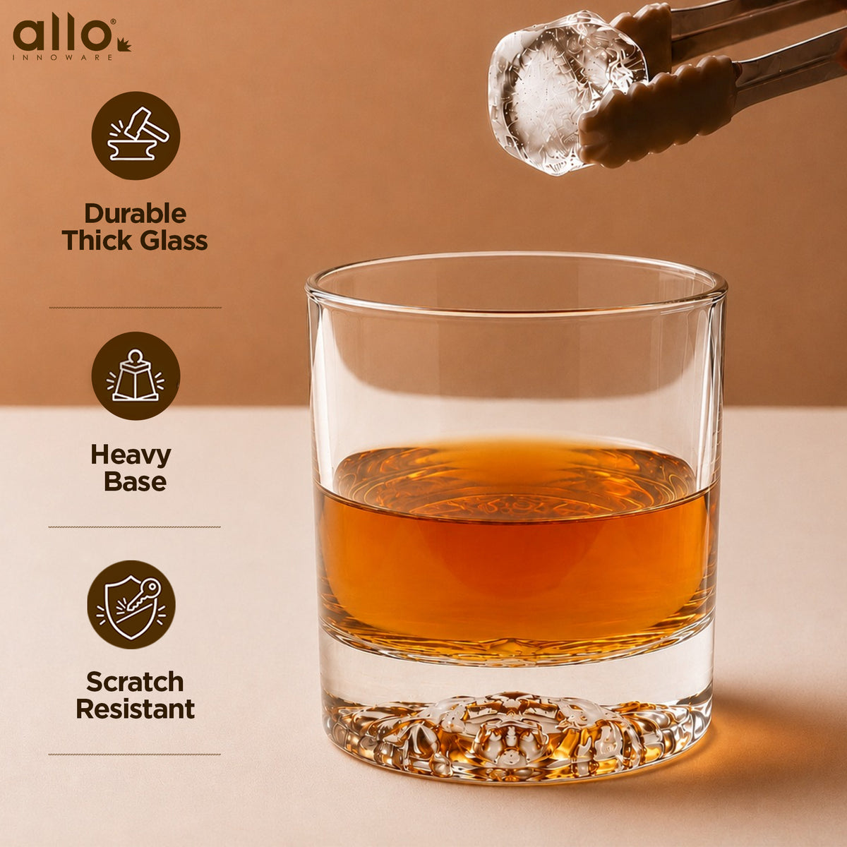 Allo Glass Set Of 6 Premium Whisky Glasses, 310 ml, For Drinking Water, Wine, Cocktail, Mocktail, Martini, Liquor, Alcohol, Scotch, Bourbon | Gift Set Packaging | Transparent Lion Crest Whiskey Glass