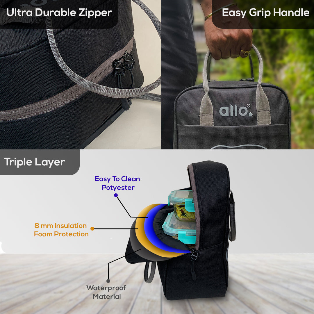 Allo Lunch Bag for Office, School & College, Washable Unisex Tiffin Bag for Men, Women & Kids, Lightweight, Leakproof, Water and Dust Resistant Multipurpose Lunch Bag, Grey (GFGV)