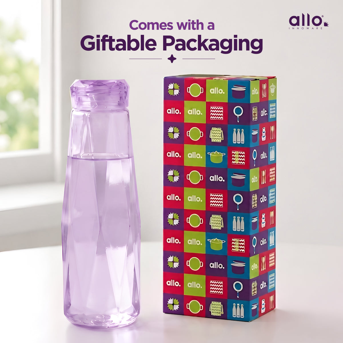Allo Glass Water Bottle For Women & Men, 450 ml, Aesthetic H2O Bottles For Drinking Detox Water, Juice, Milk, Soda | 0.4 Ltr Bottle For Fridge, Storage, Home | Gift Set Packaging | Geometric Purple