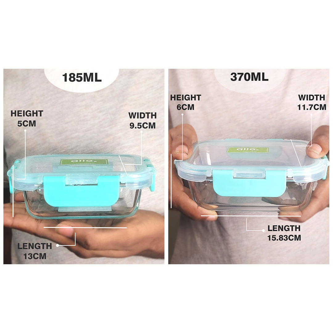 Allo Food Safe Glass Containers With Lids With Break Free Lock,Microwave Safe Containers,Borosilicate Meal Prep Glass Food Storage Containers For Kitchen,Set Of 2 185Ml,370Ml Rectangle - Transparent
