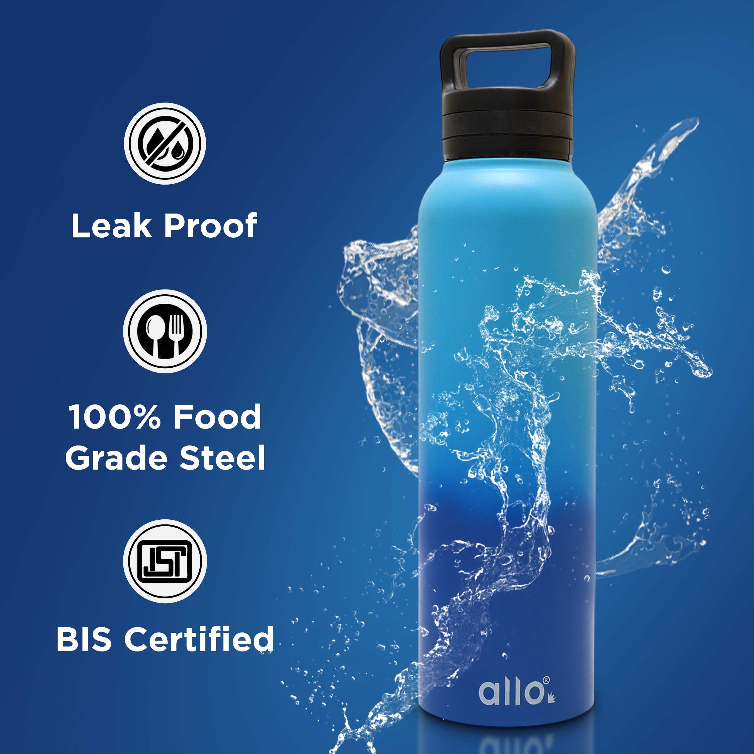 Allo Steel Water Bottles Stainless Steel Sipper Water Bottle for adults, kids 0.95 Litre Water Bottles for School, Office, Sports, Gym 950ML Water Bottle for Men and women, Light & Dark Blue 950ml