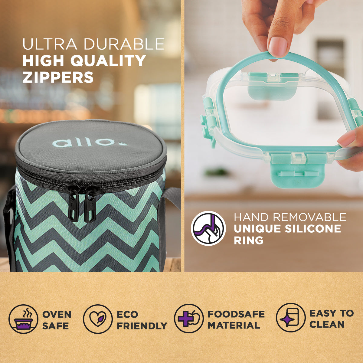 Allo Food Safe Glass Lunch Box with Breakfree Detachable Lock, Microwave Safe Lunch Box Borosilicate Glass Tiffin for Office with Chevron Mint Tiffin Bag, Set of 3, 215ml x 1, 390ml x 2, Transparent