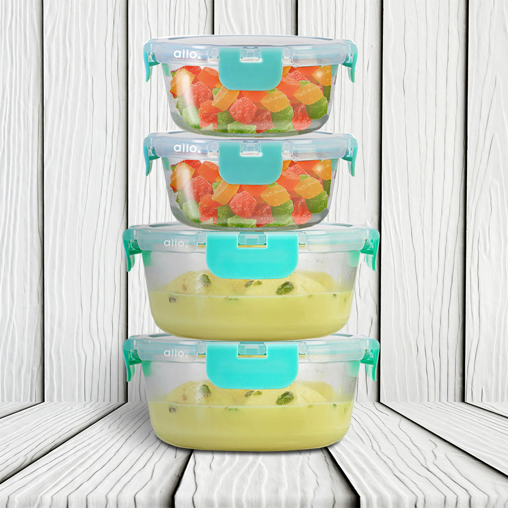 Allo Food Safe Glass Containers with Lids,Microwave Safe Containers, High Borosilicate Meal Prep Glass Food Storage Containers for Kitchen, Set of 4, 215ml x 2, 635ml x 2, Round.