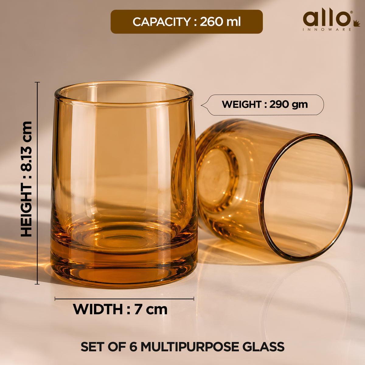 Allo Premium Glass Set Of 6, 260 ml, Latest Design Glasses For Water, Juice, Whisky, Cold Drink | Lead Free | Perfect For Home & Parties, Gift Set Packaging | Thick Base Amber Glass