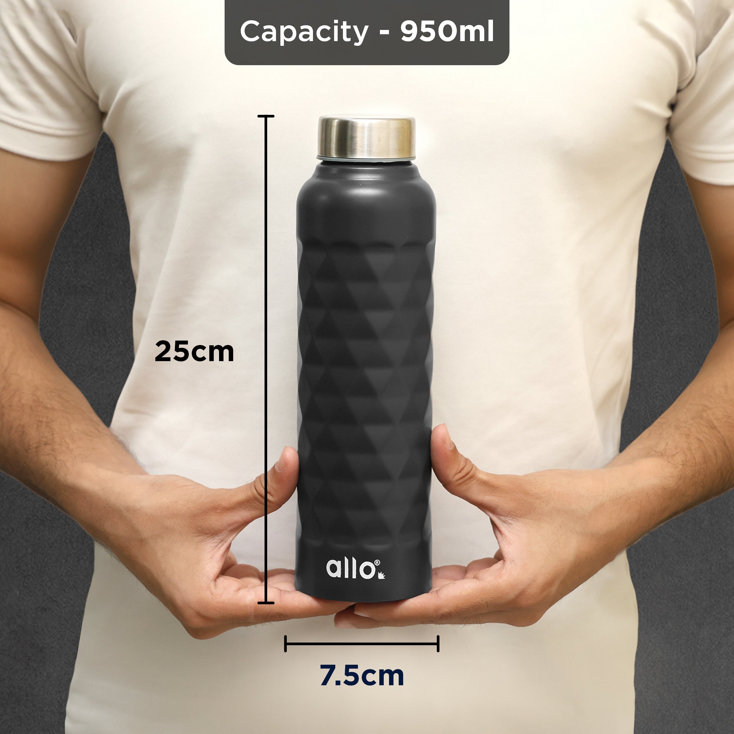 Allo Steel Water Bottles Stainless Steel Sipper Water Bottle for adults, kids 0.95 Litre Water Bottles for School, Office, Sports, Gym 950ML Water Bottle for Men and women, Black 950ml