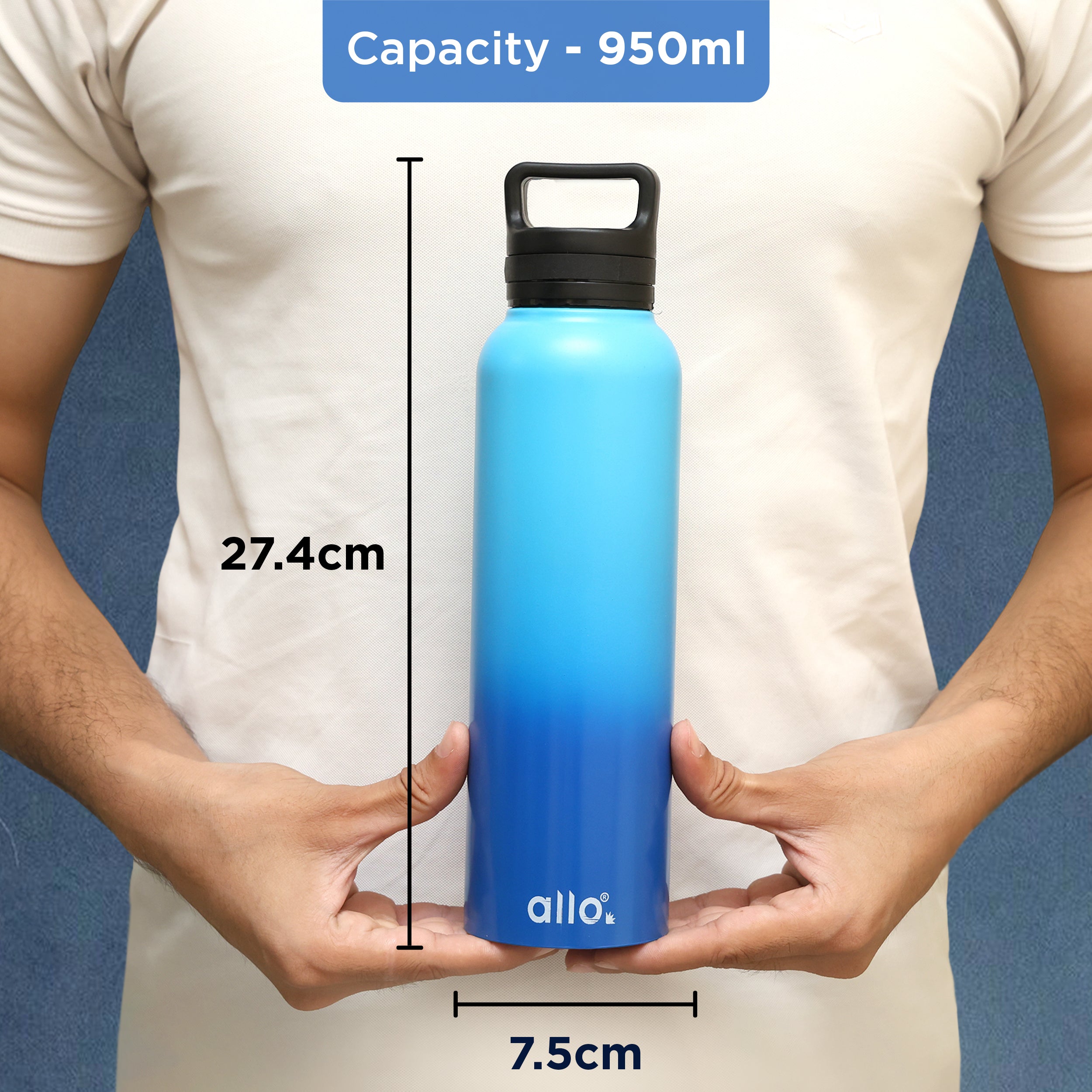 Allo Stainless Steel Water Bottle For Adults, Kids 1 Litre Water Bottles For School,Office,Sports,Gym 1L Water Bottle For Men & Women, Pack Of 2, Leak Proof, Bpa Free, Pink Baby Blue & Blue Handle Cap