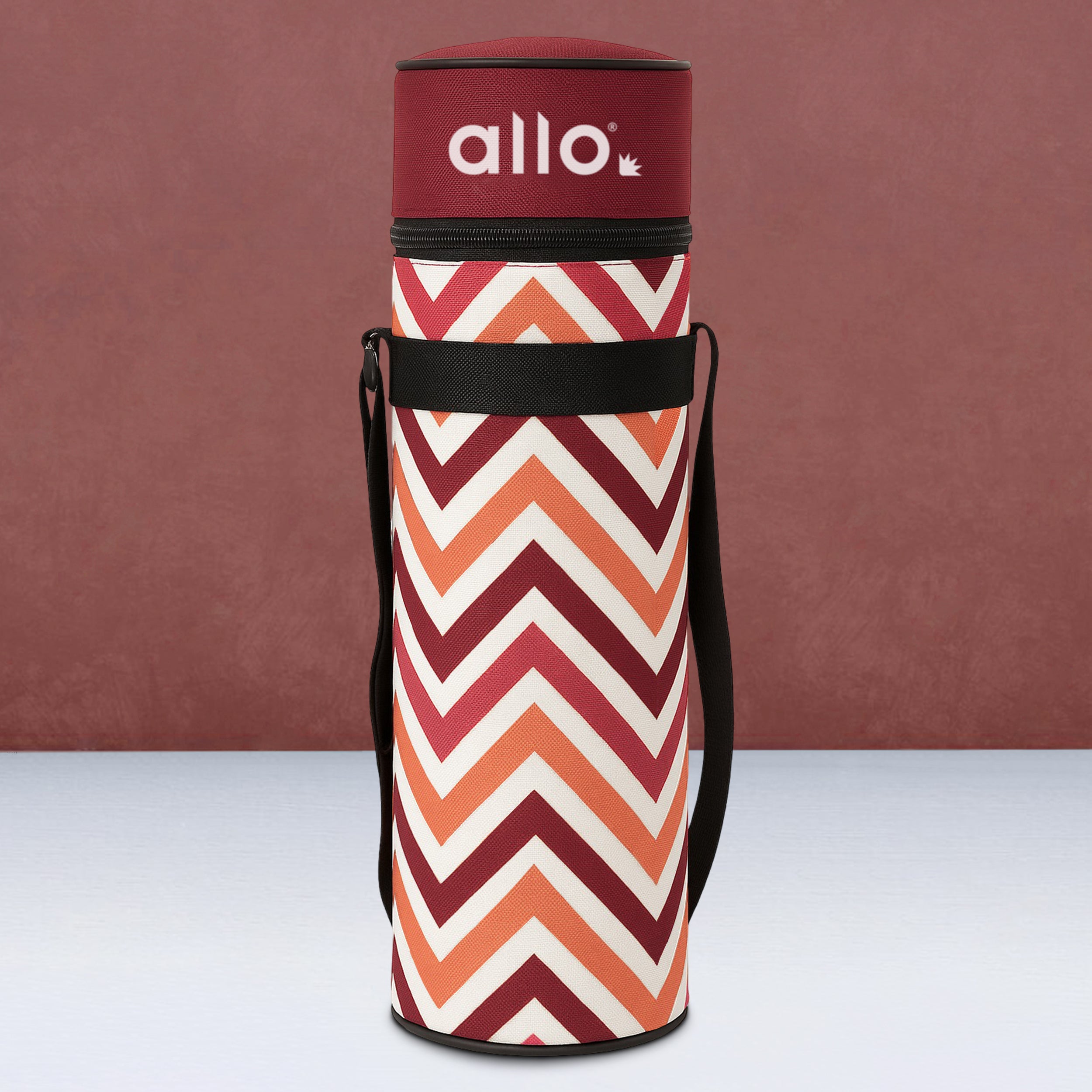 Allo Polyester Thermal Insulated 1L Bottle Cover – Water-Proof Modern Carrier Sleeve with Adjustable Shoulder Handle & Zipper Closure for Travel, Hiking, Office & School, Red Chevron