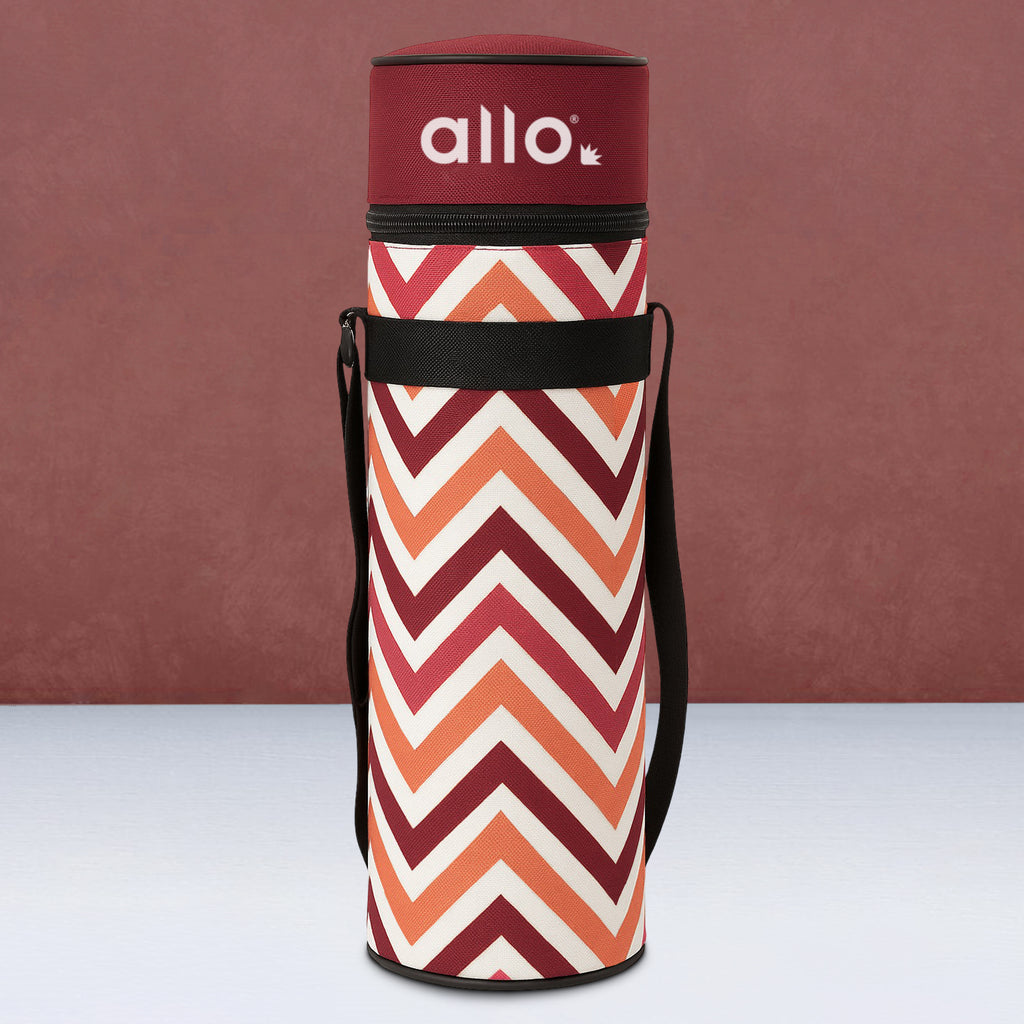 Allo Polyester Thermal Insulated 1L Bottle Cover – Water-Proof Modern Carrier Sleeve with Adjustable Shoulder Handle & Zipper Closure for Travel, Hiking, Office & School, Red Chevron