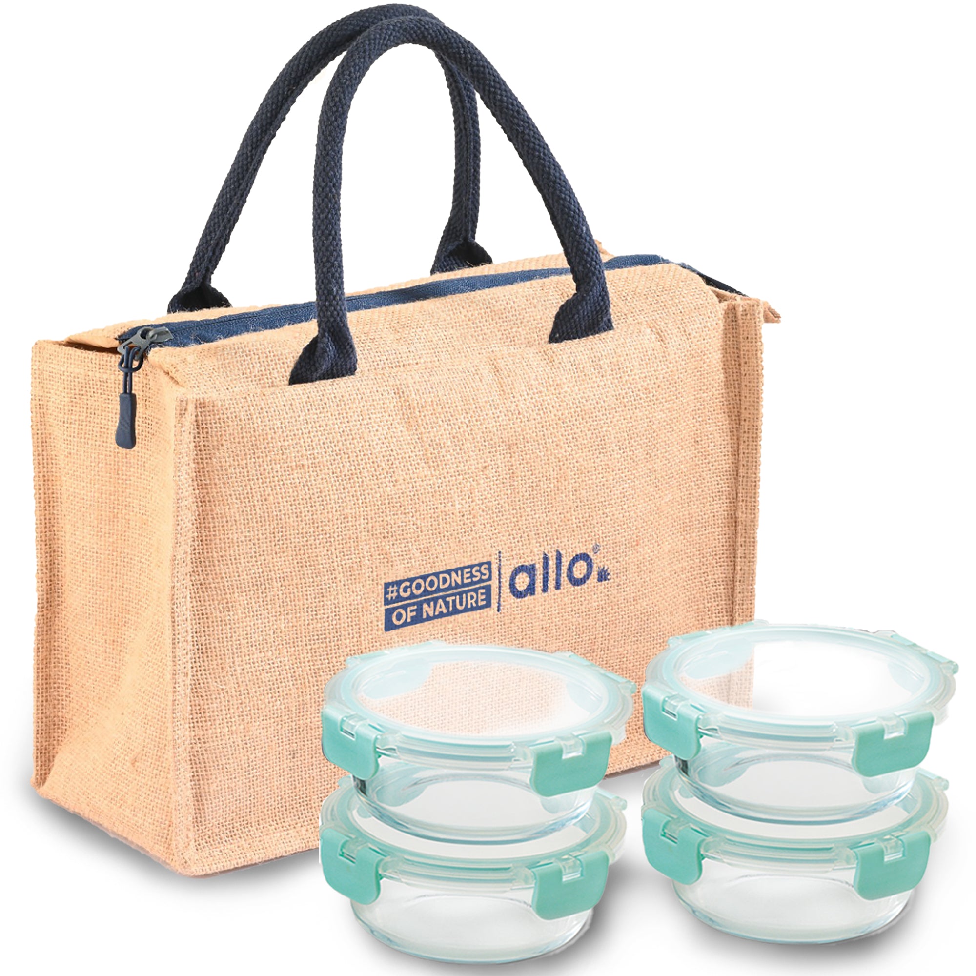 Allo Food Safe Glass Lunch Box with Break Free Detachable Lock, 450°C Microwave Safe Lunch Box, Borosilicate Glass Tiffin for office with Jute Tiffin Bag, Set of 4, 390ml x 4, Round