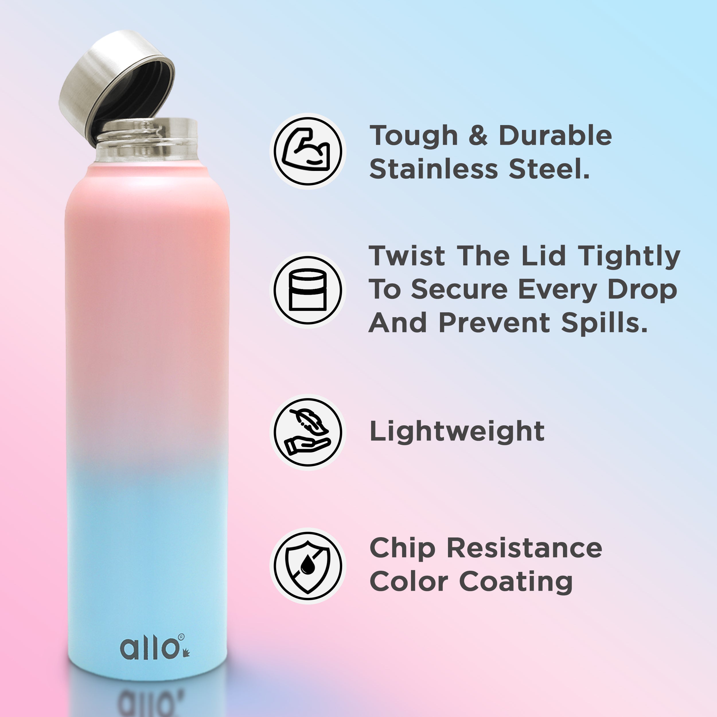 Allo Stainless Steel Water Bottle For Adults, Kids 1 Litre Water Bottles For School, Office, Sports, Gym 1L Water Bottle For Men & Women, Pack Of 5, Leak Proof, Bpa Free, Pink & Baby Blue Handle Cap