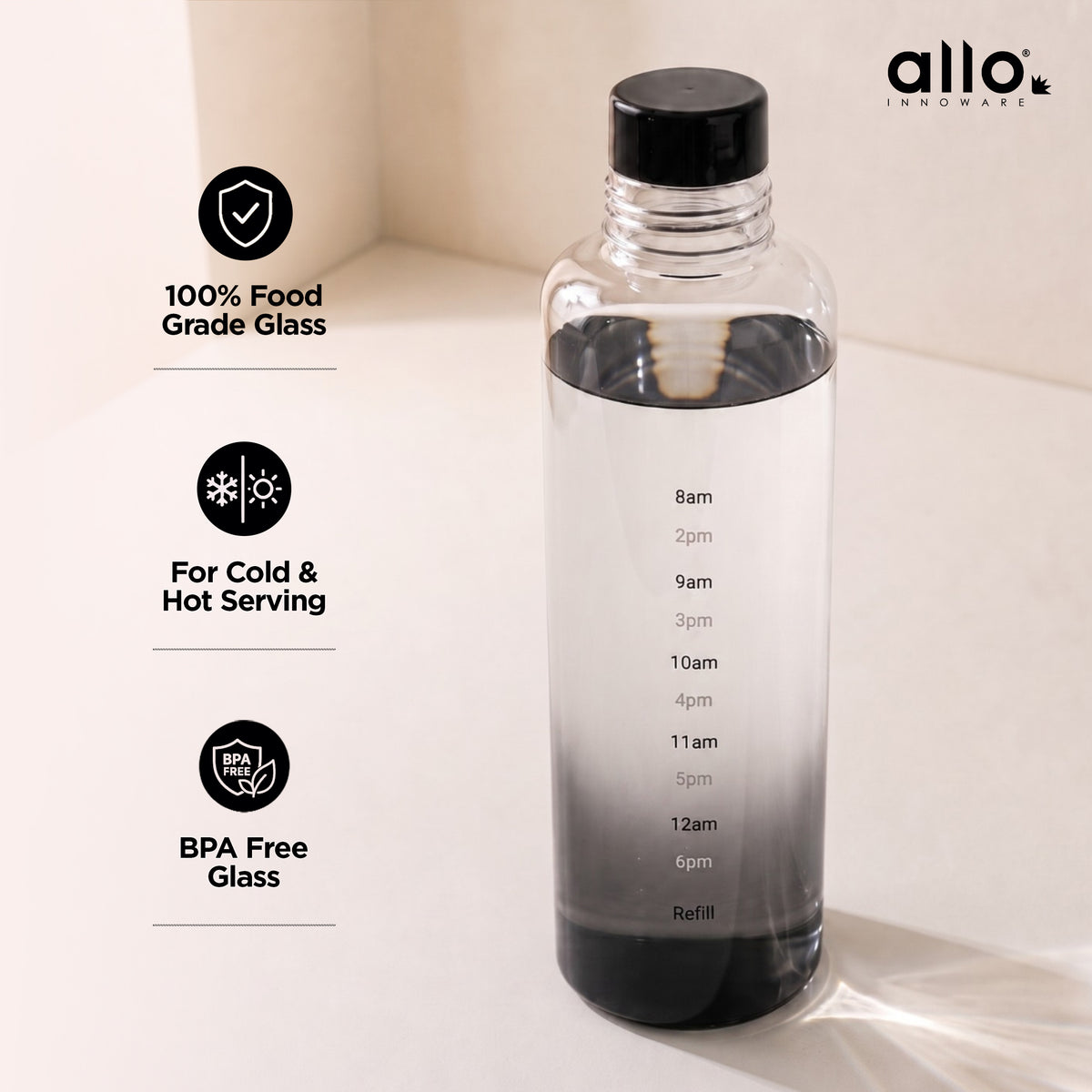 Allo Glass Water Bottle For Women & Men, 600 ml, Aesthetic H2O Bottles For Drinking Detox Water, Juice, Milk, Soda | 0.4 Ltr Bottle For Fridge, Storage, Home | Gift Set Packaging | Time Marked Black