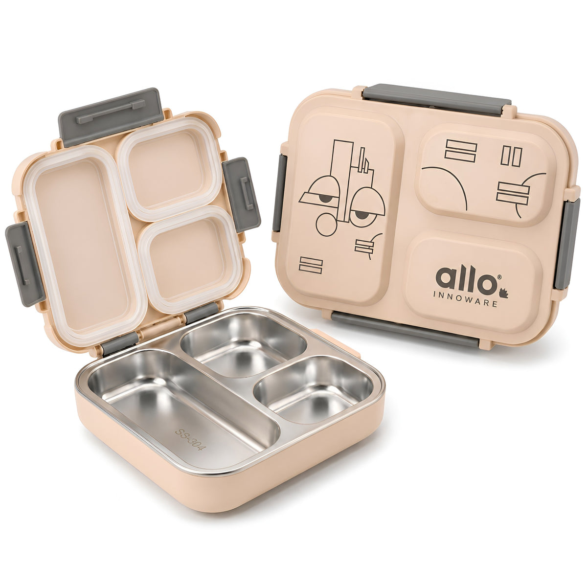 Allo Bento Stainless Steel Lunch Box for Kids- BIS Approved, 304 Stainless Steel 3 Compartment Leakproof Tiffin Box for Boys and Girls for School, Travelling, Baby Snacks, 740ml Beige Cool Eyes